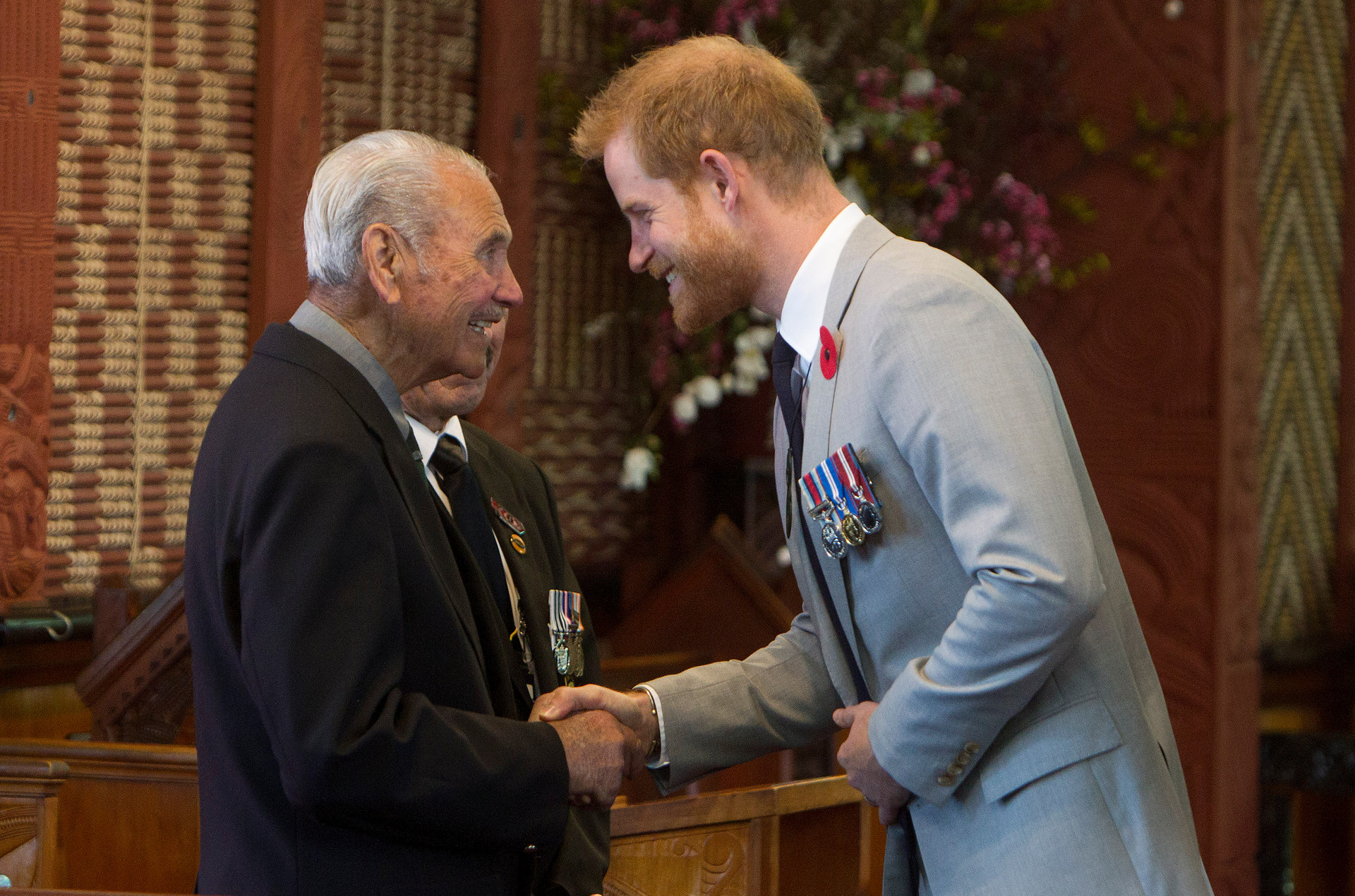 Prince Harry met Robert Gillies, the last surviving member of B Company of the 28th Maori Battalion in St Faith's Church. Photo / Ben Fraser