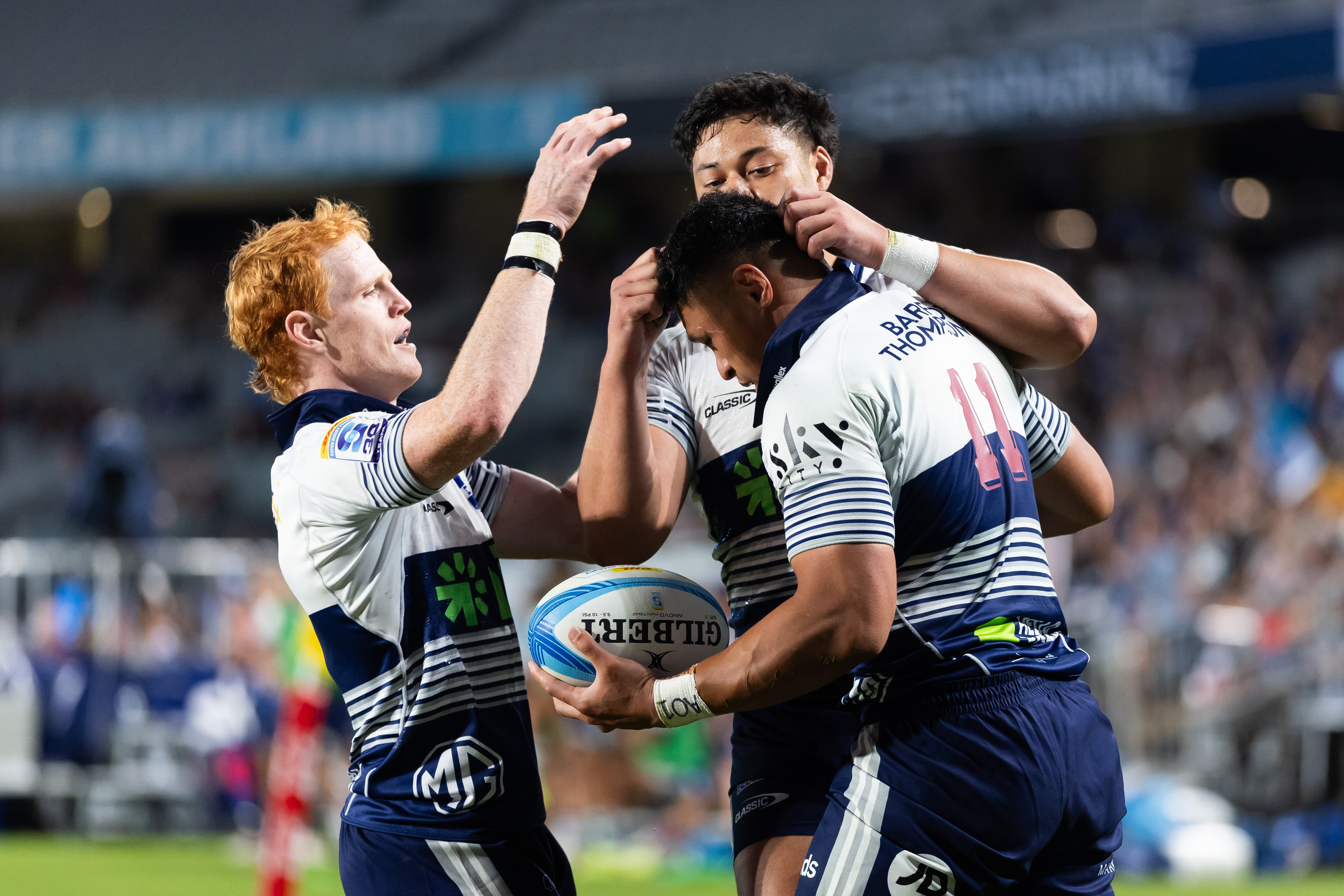 Blues winger Caleb Clarke scored a hat-trick against the Crusaders. Photo / Photosport