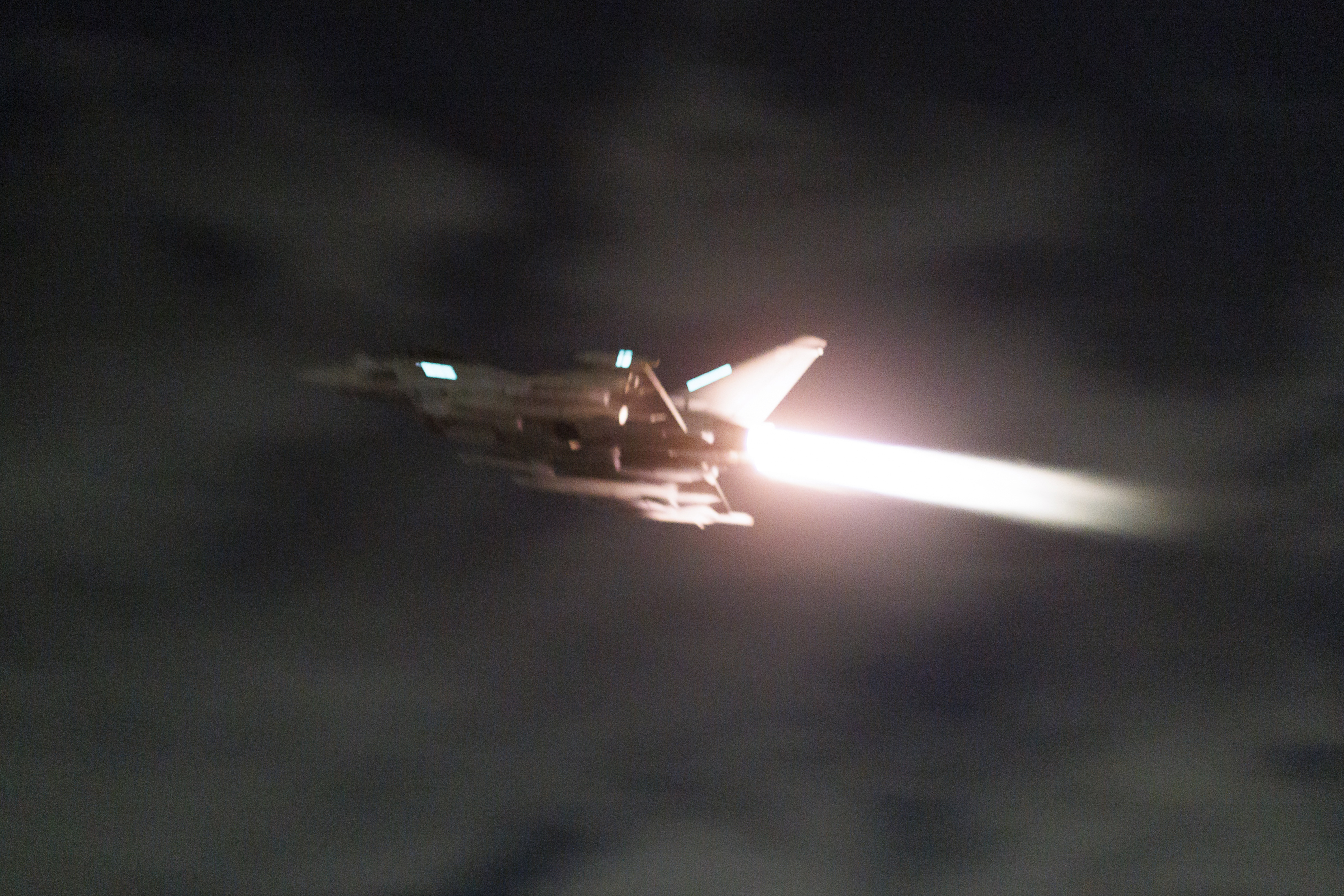 A RAF Typhoon aircraft takes off to conduct further strikes against Houthi military targets in Yemen, from RAF Akrotiri, Cyprus. Photo / Ministry of Defence via AP