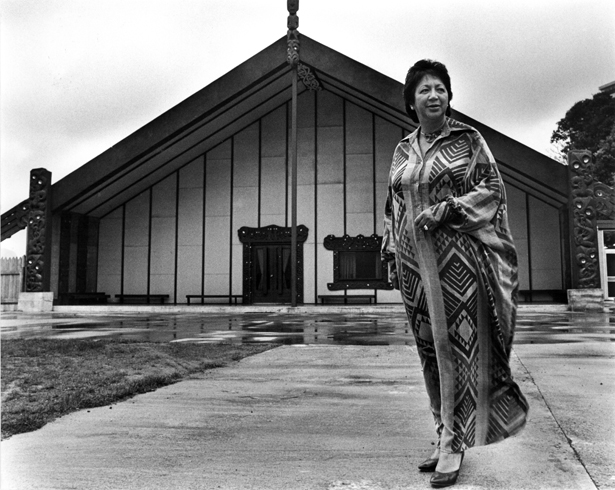 Whetu Tirikatene-Sullivan in front of the Ngati Poneke Marae in Wellington 1986. Photo / Paul Escourt.