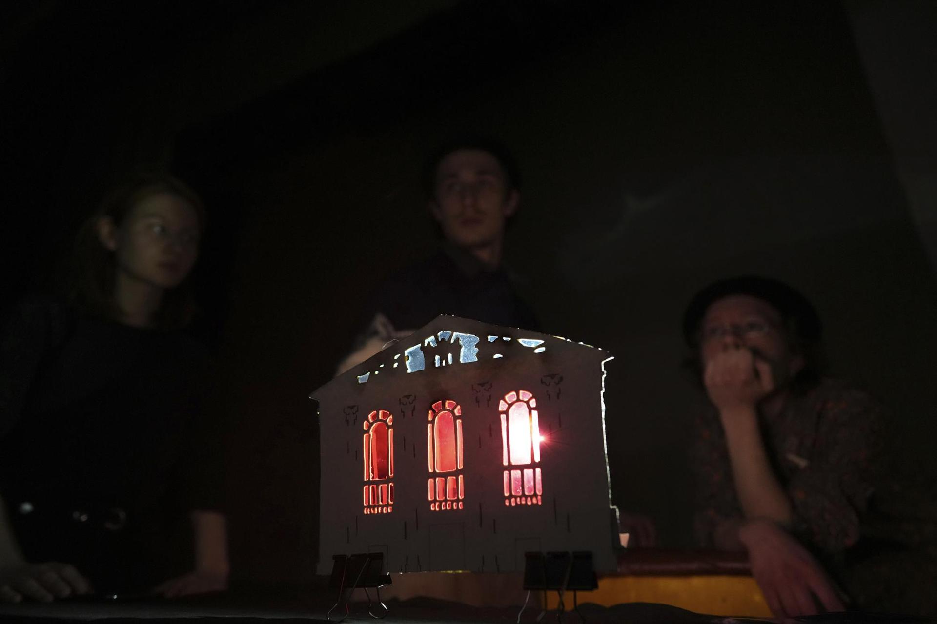 Actors work on a performance dedicated to the tragedy of the Donetsk Academic Regional Drama Theatre in Mariupol. Photo / AP