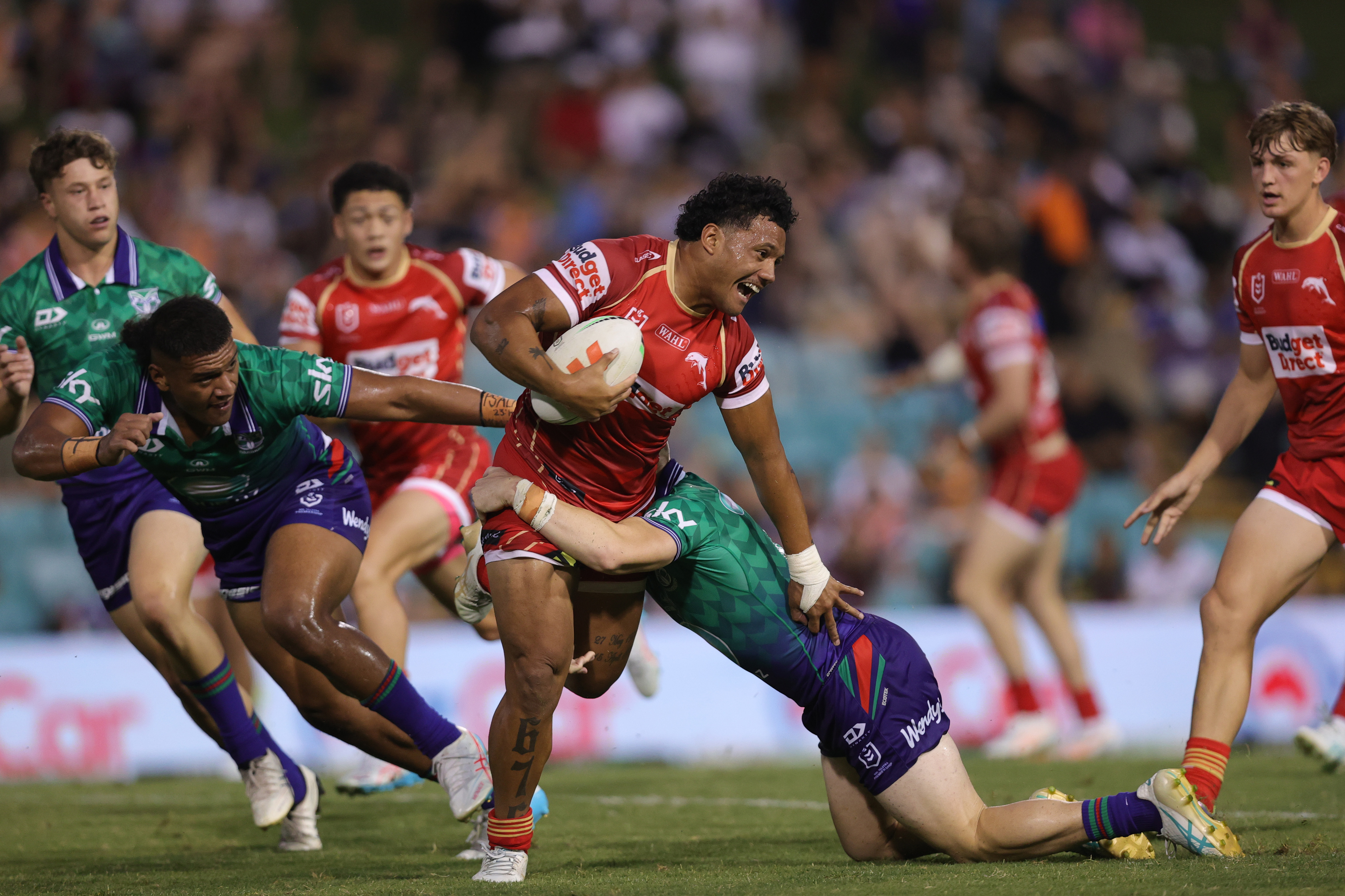John Fineanganofo scored a try for the Dolphins in their pre-season win over the Warriors. Photo / Getty Images