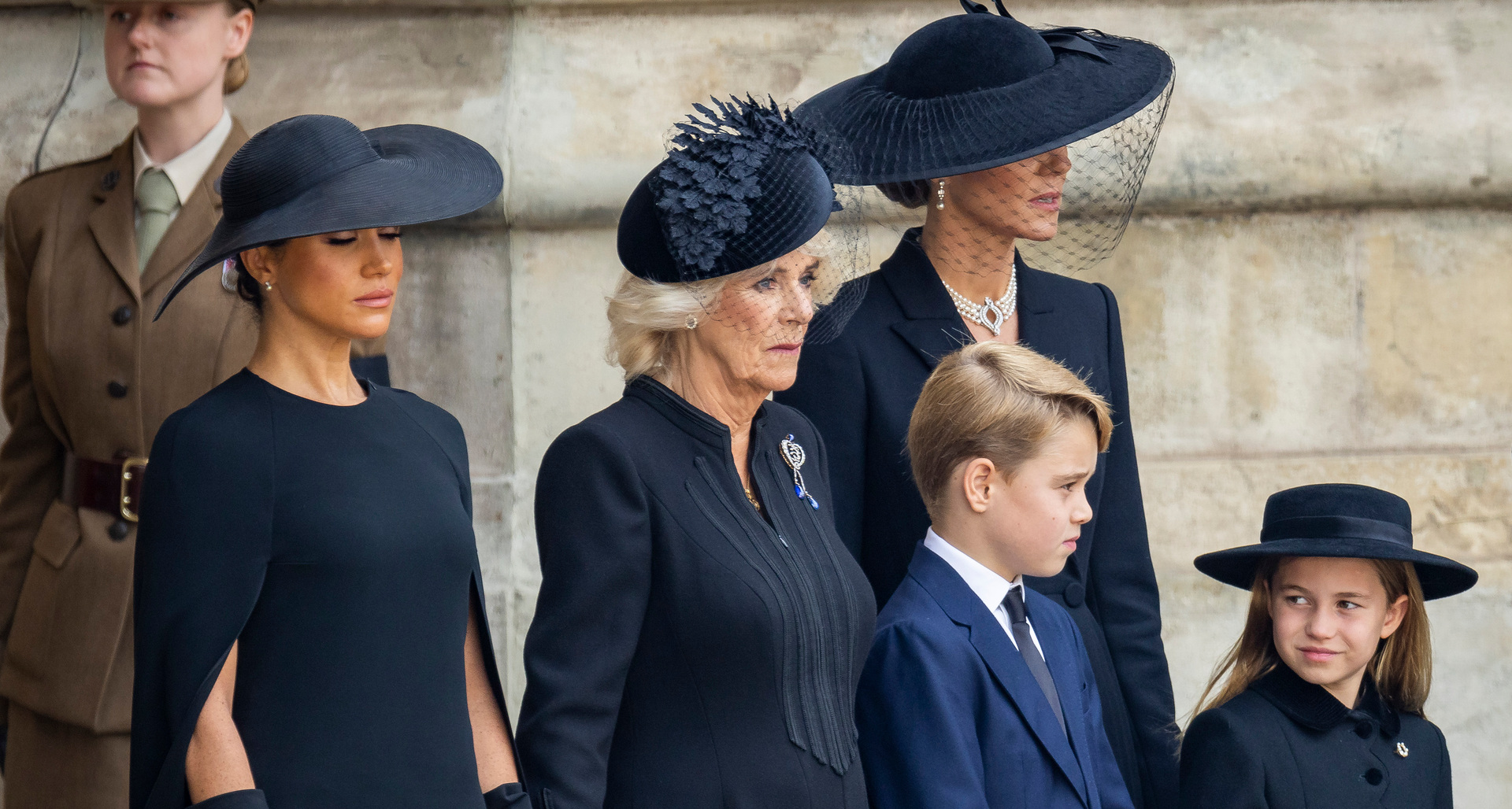 Meghan joined Camilla, Prince George, Kate and Princess Charlotte to watch the Queen leave London for Windsor. Photo / AP