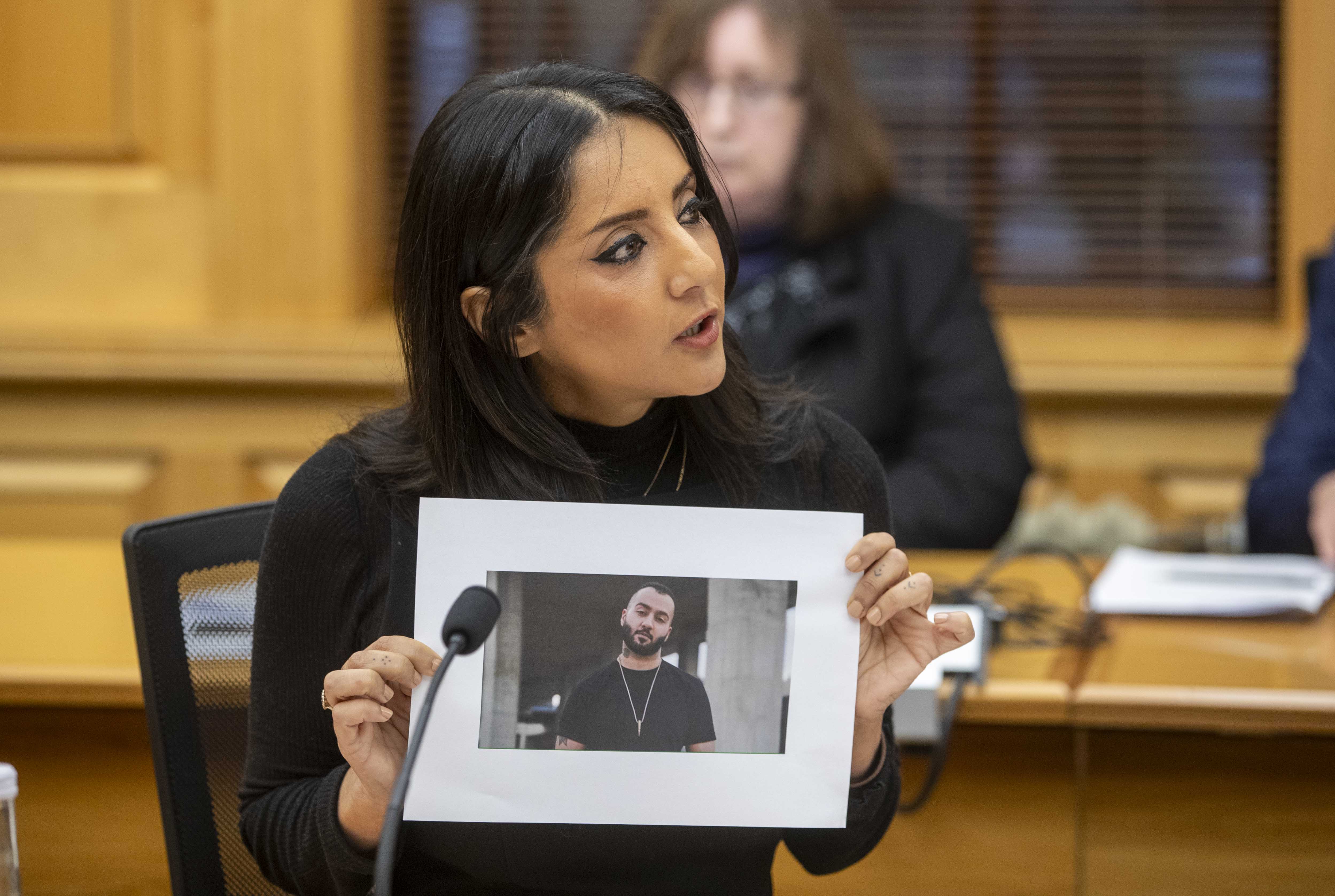Greens MP Golriz Ghahraman with a photograph of imprisoned Iranian rapper Toomaj Salehi as she speaks to Iranian ambassador Reza Nazar Ahari. Photo / Mark Mitchell