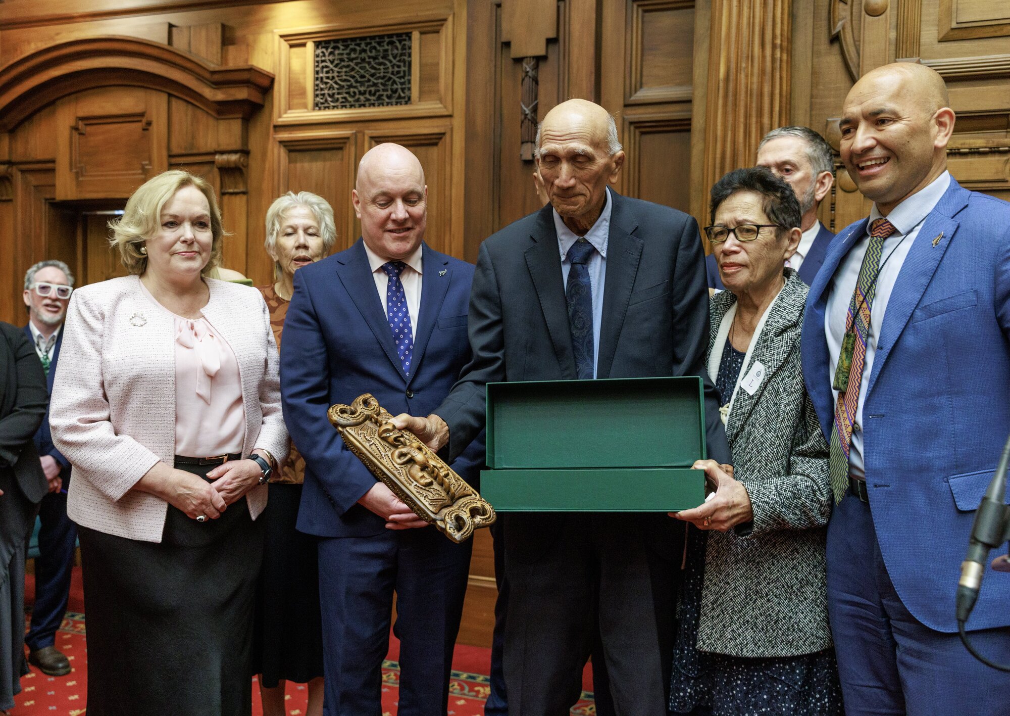 Judith Collins with Prime Minister Christopher Luxon, Māori Development Minister Tama Potaka, right, and Rore and Lynne Stafford at the settlement of the Nelson Tenths Trust litigation in December last year. Photo / Mark Mitchell