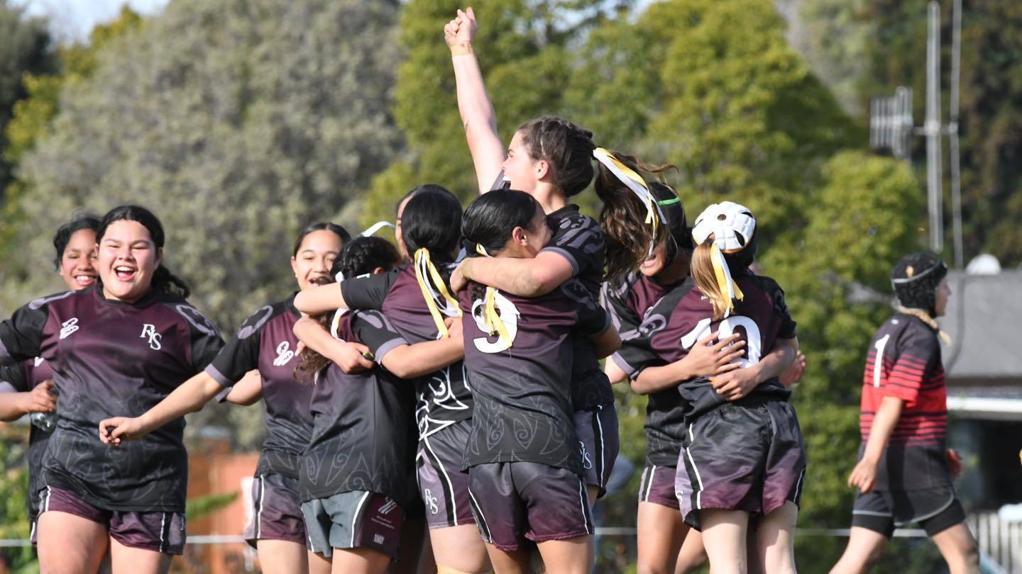 The Rotorua Gold team celebrate after winning the first Bay of Plenty Tai Mitchell Girls Tournament. Photo / Supplied

