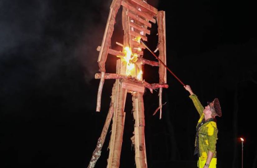 A recreation of the Burning Man statue is set alight. Photo / Spy