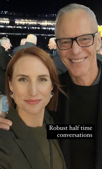 Three News newsreader Samantha Hayes (left) and 1News newsreader Simon Dallow at an All Blacks test at Eden Park.