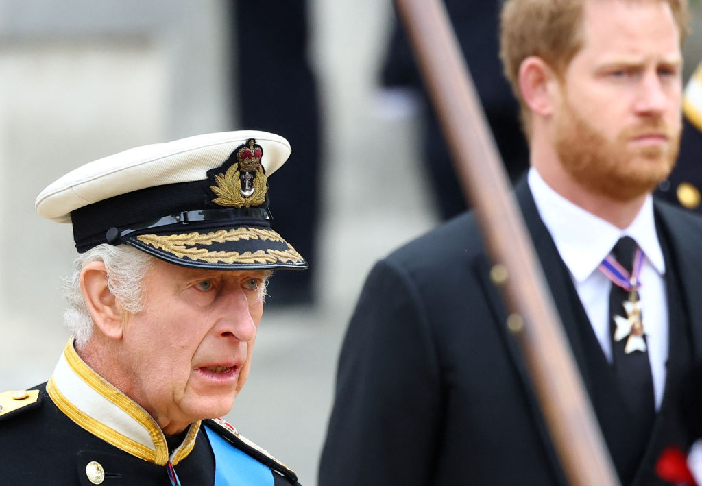 King Charles III and Prince Harry, Duke of Sussex during the funeral procession of Queen Elizabeth II. Photo / Getty Images