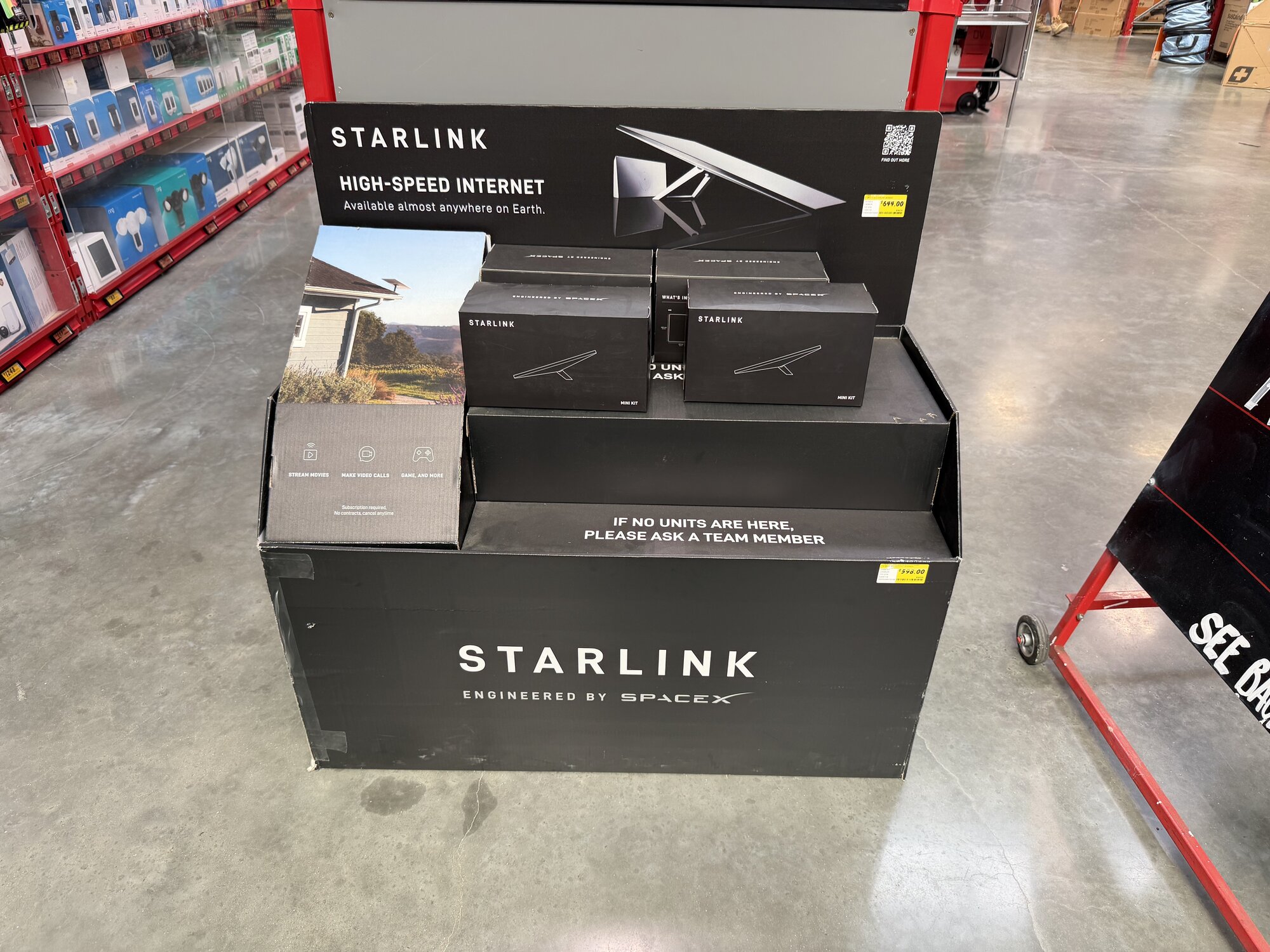 A Starlink dish and modem/router kits on sale at Bunnings in West Auckland. Photo / Chris Keall