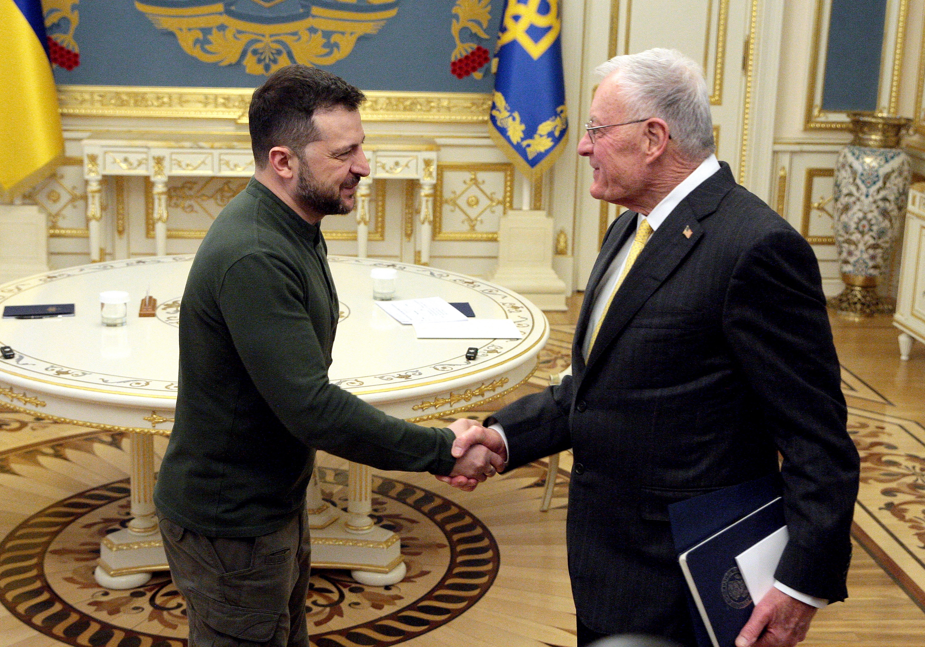 President of Ukraine Volodymyr Zelenskyy and US Special Envoy for Ukraine and Russia Keith Kellogg shake hands during their meeting in Kyiv, Ukraine. Photo / AFP
