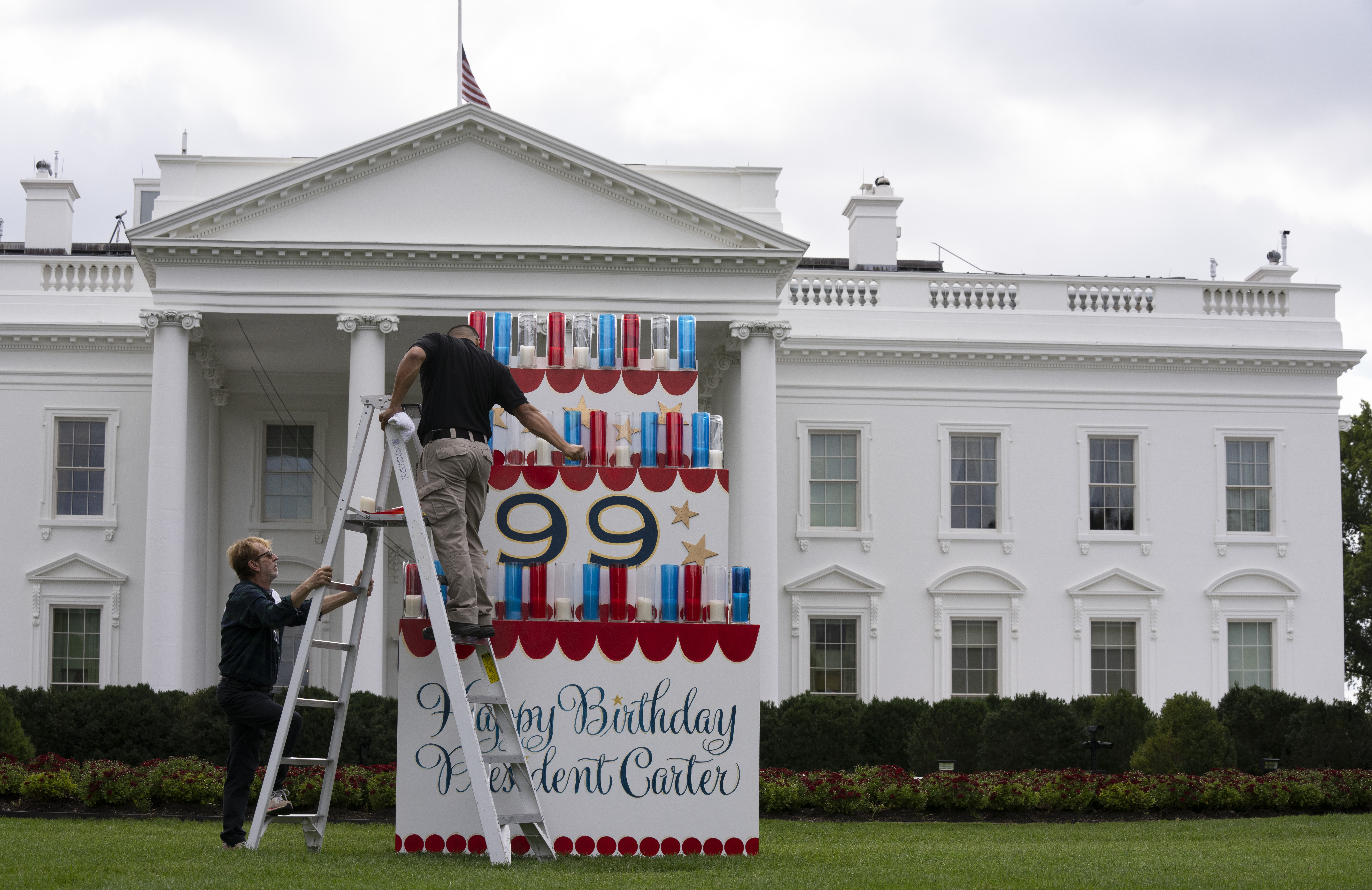 A wooden cake display at the White House honours former President Jimmy Carter's 99th birthday this weekend. Photo / AP