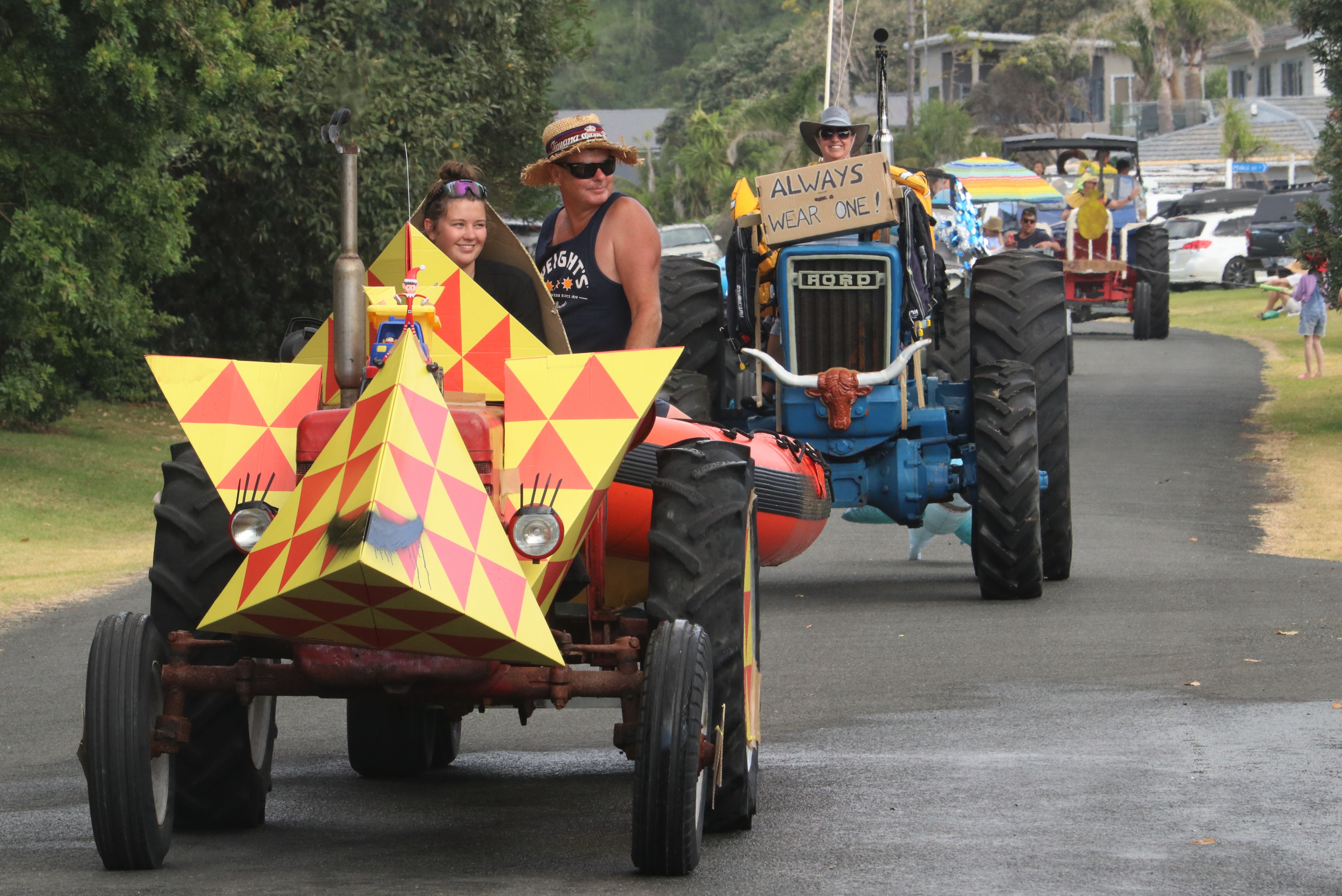 Diaz Churchward of Ōpua drives an origami tractor. Photo / Peter de Graaf