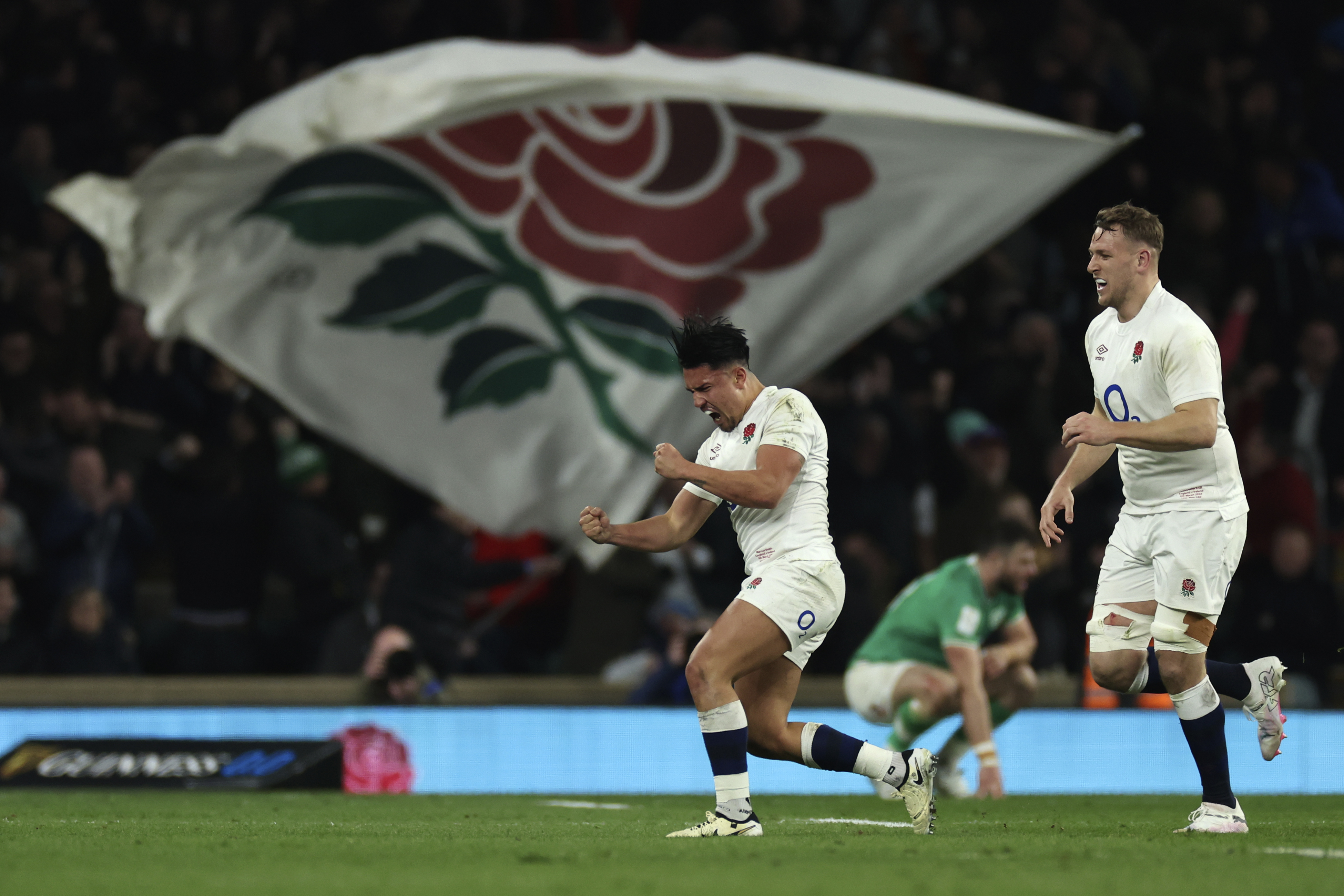 England's Marcus Smith celebrates during the Six Nations rugby union international match between England and Ireland, at Twickenham stadium, London Saturday, March 9, 2024. (AP Photo/Ian Walton)