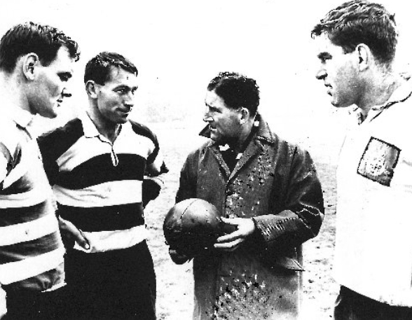 All Blacks coaching great Fred Allen giving advice to Brian Lochore, Kel Tremain and Colin Meads.