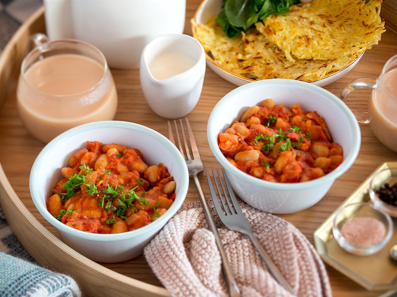 Homemade baked beans with rosti. Picture / Babiche Martens