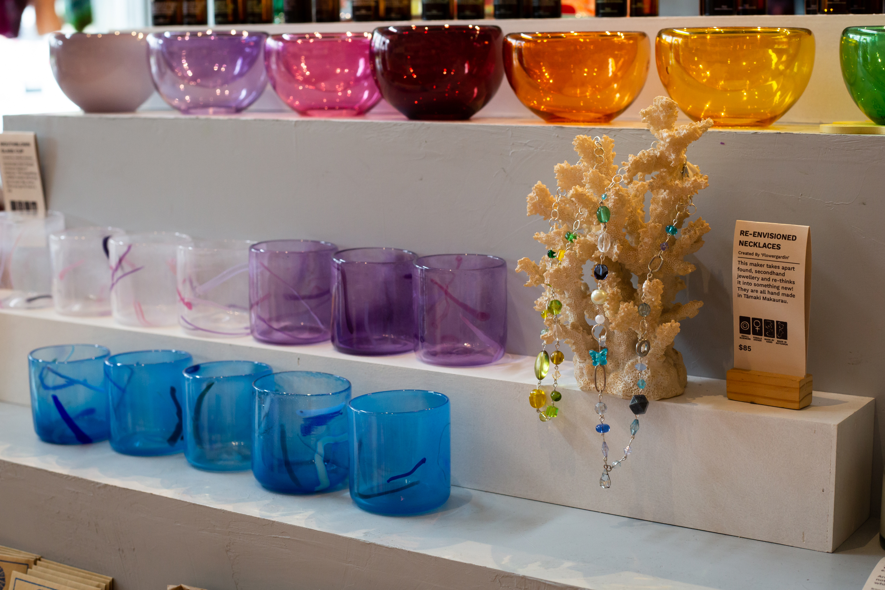 Hand-made glass bowls and tumblers on display at Crushes. Photo / Ruth McDowall, The New York Times