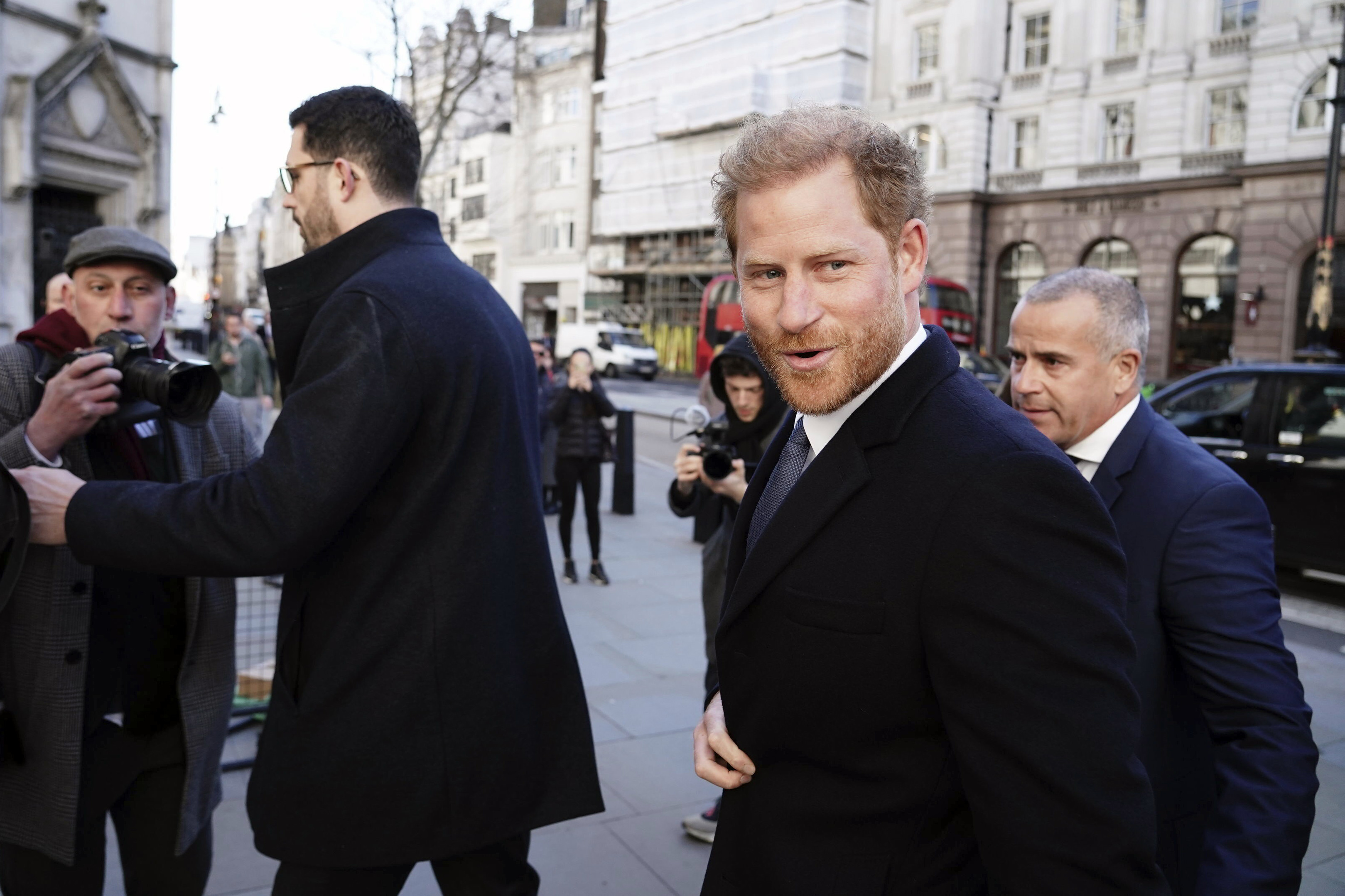Prince Harry arrives at the Royal Courts Of Justice, in London. He, Elton John and several other celebrities allege phone tapping and other invasions of privacy. Photo / AP