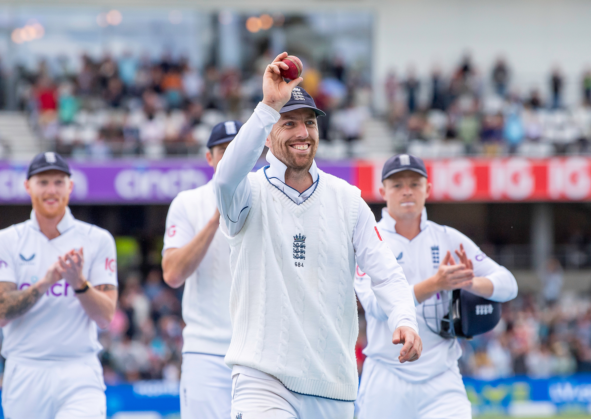 England's Jack Leach after taking 10 wickets. Photo / Photosport