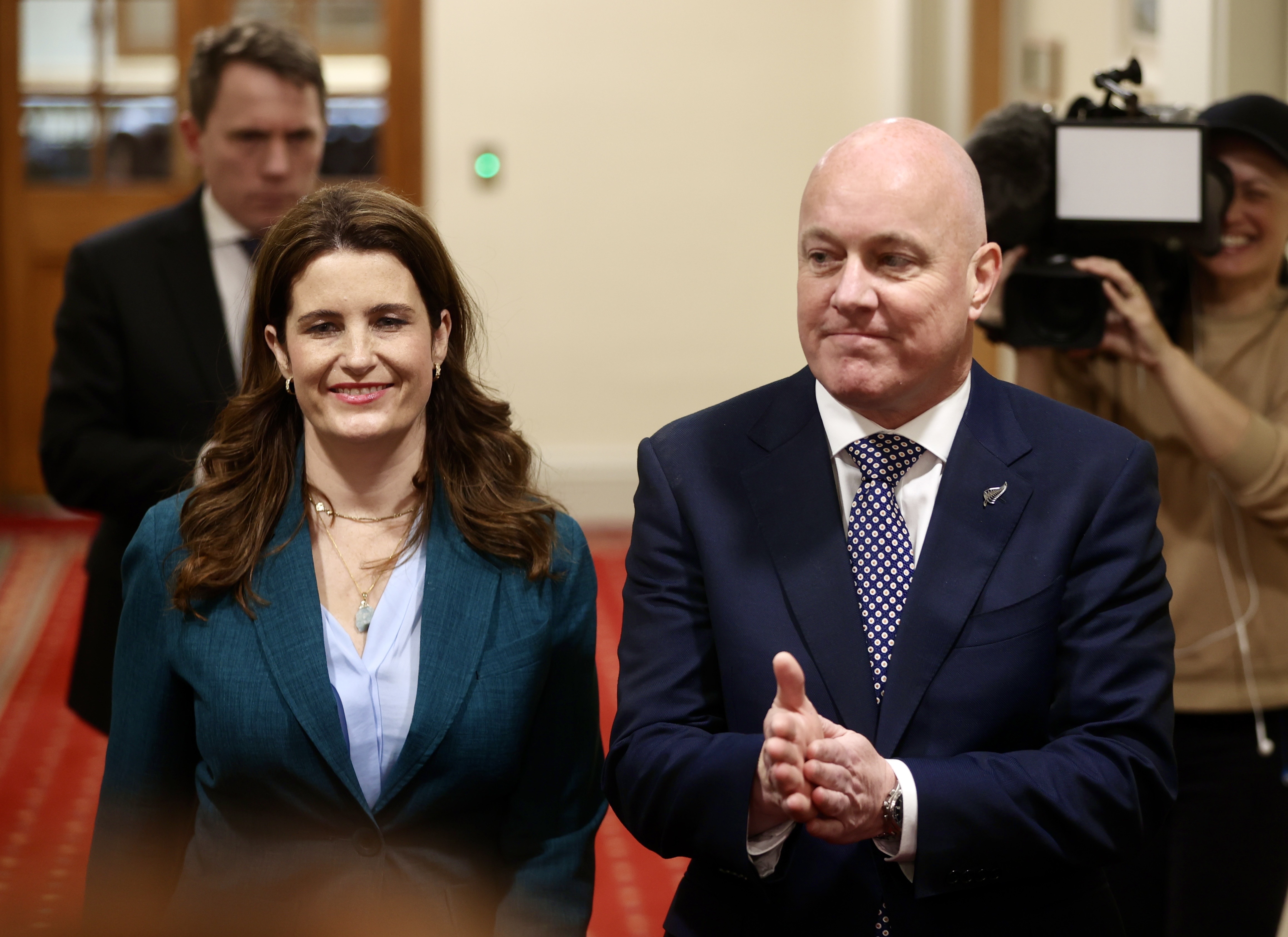 Prime Minister-elect Christopher Luxon and Nicola Willis speak to media at Parliament. Photo / George Heard