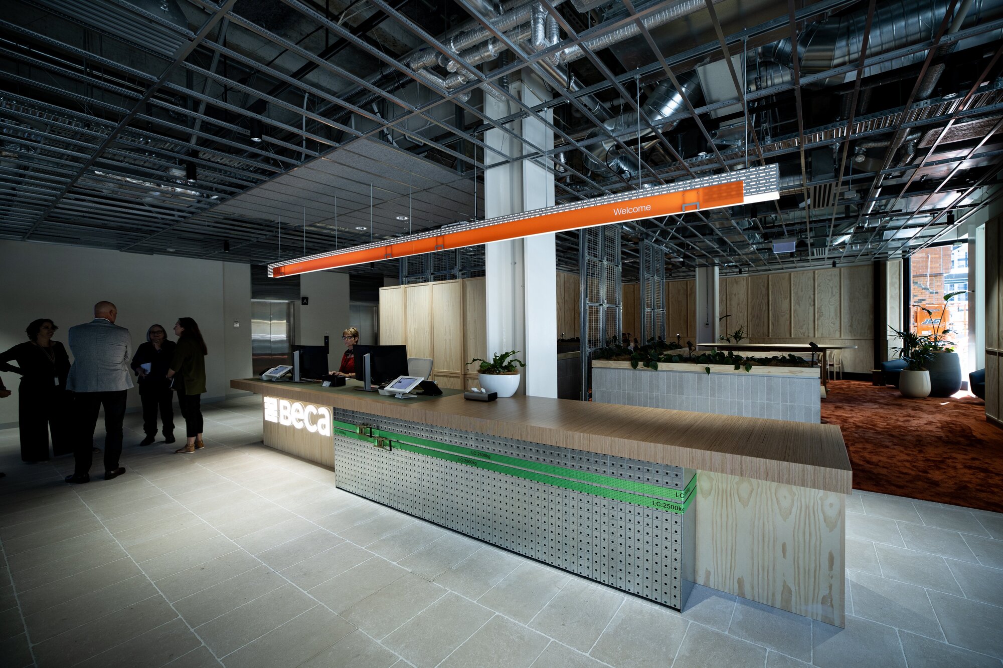 The reception at Beca has an industrial appearance, in a nod to what the company does. Photo / Dean Purcell