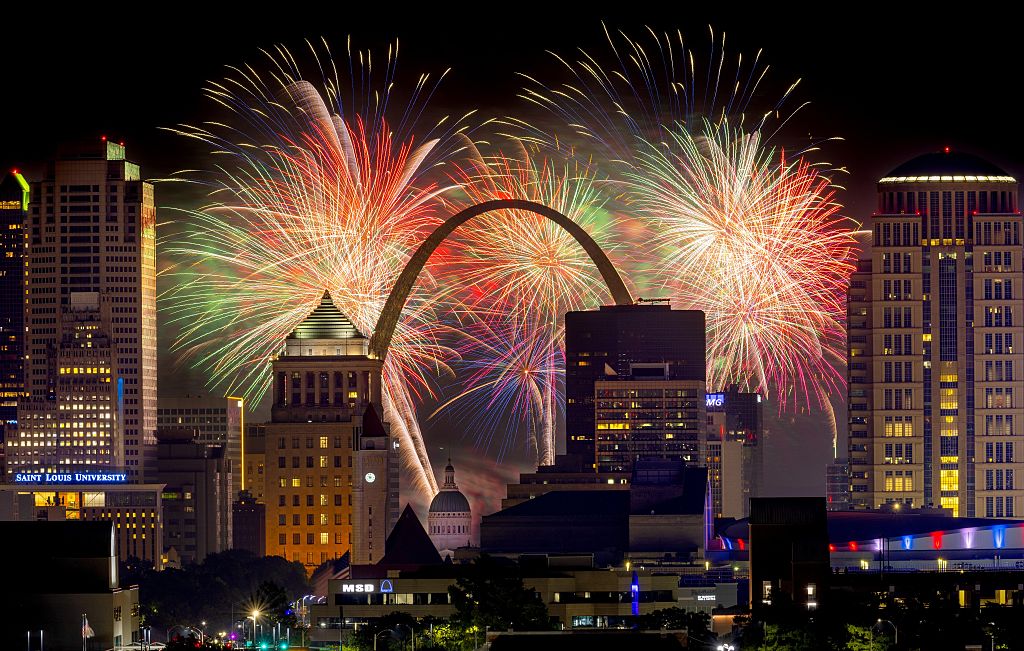 Fireworks explode over the St Louis skyline to celebrate Independence Day and America's 250th anniversary. Photo / Getty Images