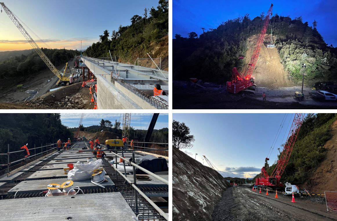 Top left: Looking west from the new bridge; Top right: The night-shift soil nailing crew at work; Bottom left: Deck panels in place; Bottom right: The eastern approach to the new bridge. Photos / Jenni Austin