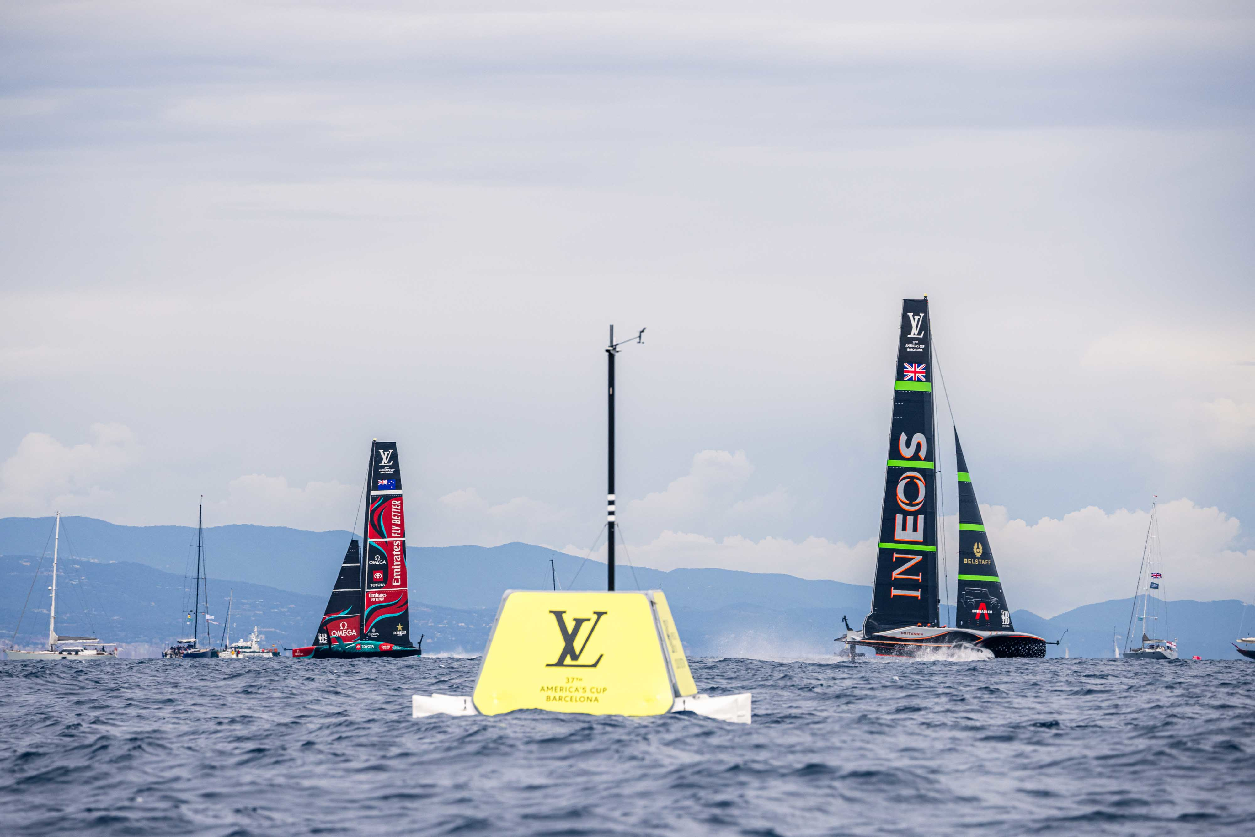 Emirates Team New Zealand sailing back upwind well ahead of Ineos Britannia. Photo / Photosport