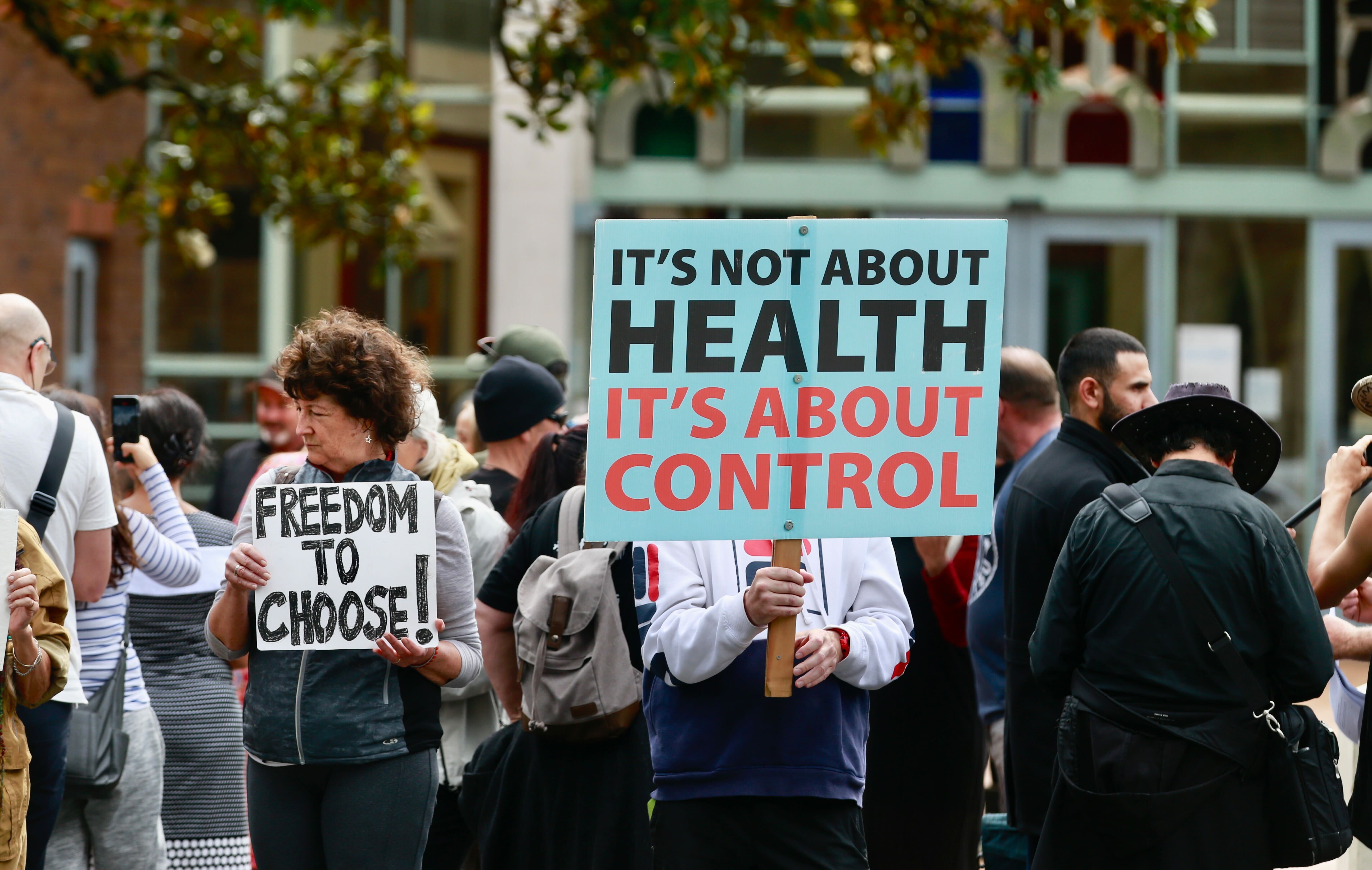 Crowd gather at Auckland High Court to support Waikato couple who refuse to use vaccinated blood to be used for their baby's heart surgery. Photo / Alex Burton