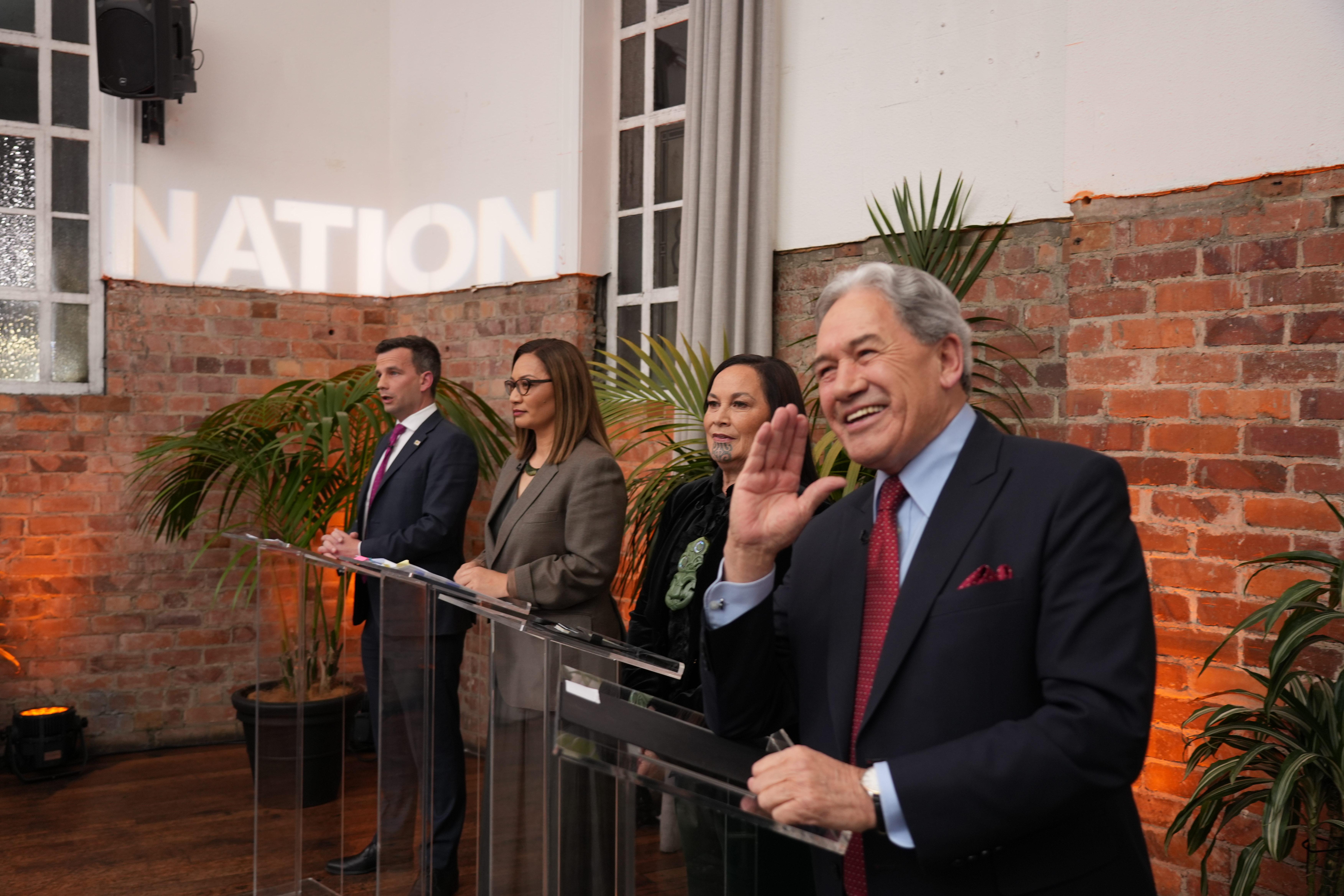 From left:  Act's David Seymour, Greens' Marama Davidson, Te Pāti Māori's Debbie Ngarewa-Packer and NZ First's Winston Peters in Thursday night's fiery debate.  Photo / Newshub Nation, Warner Bros. Discovery