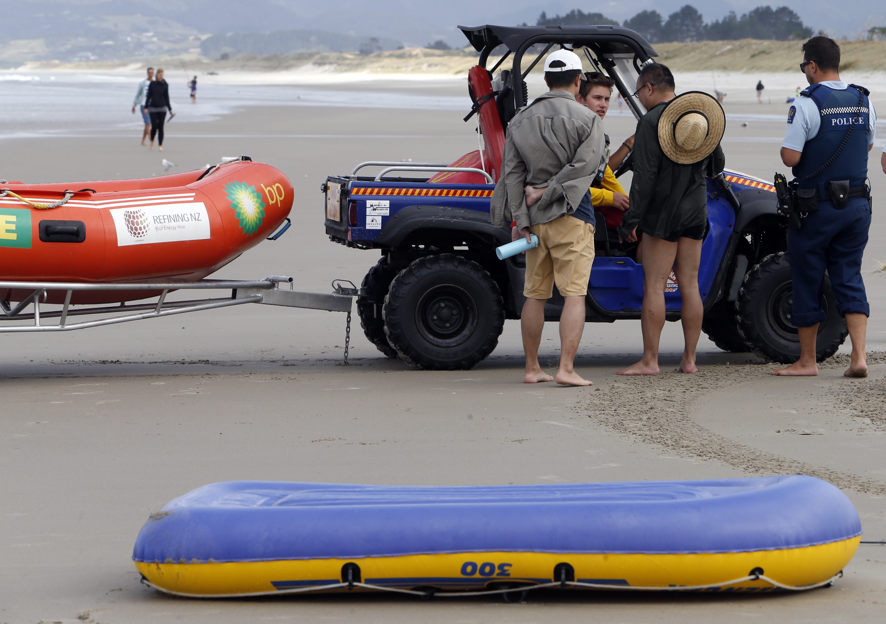 Earlier this month an Auckland man had to be rescued by lifeguards after going out on this inflatable toy dinghy at Uretiti Beach while gathering crabs.