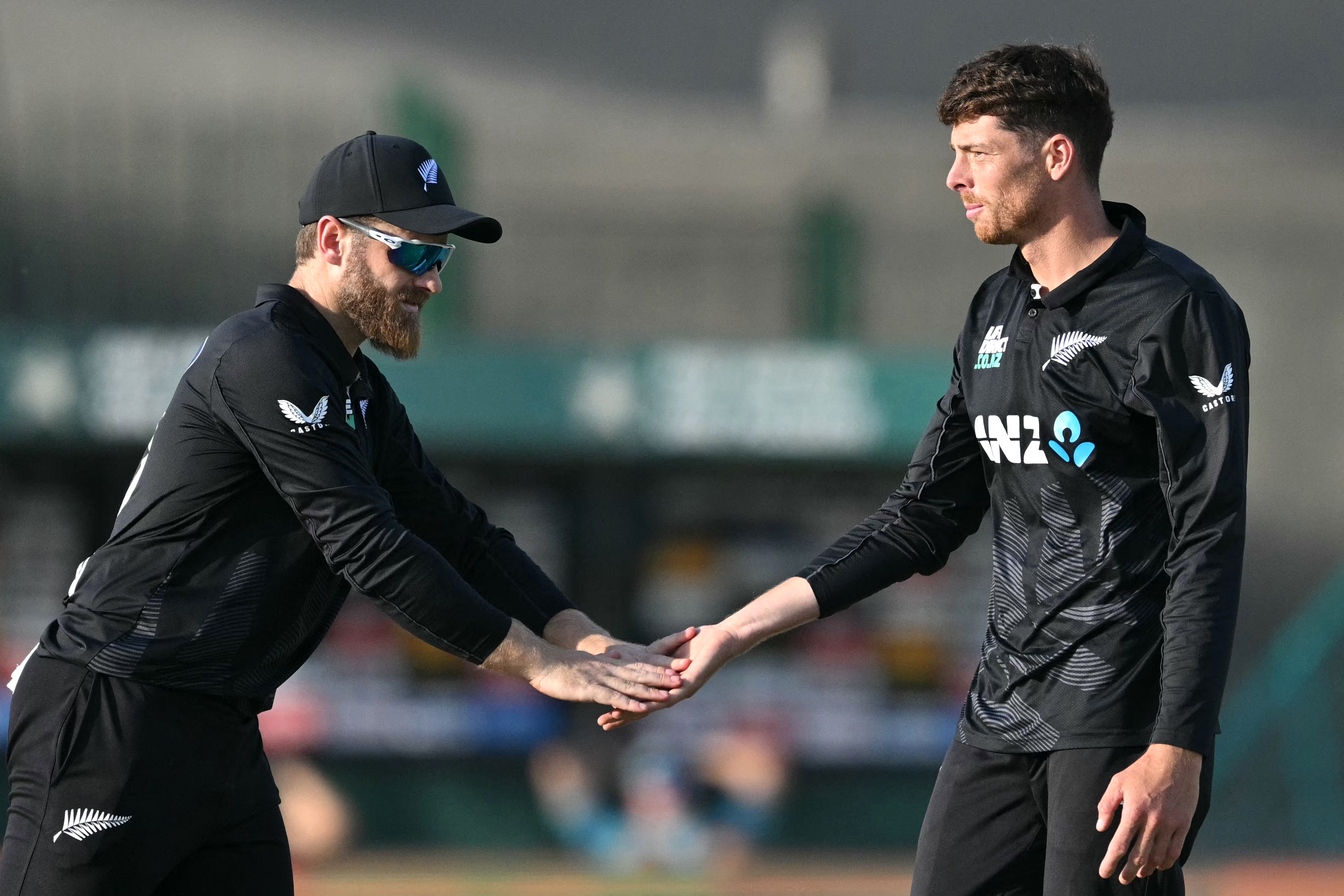 Mitchell Santner celebrates with Kane Williamson after taking the wicket of Khushdil Shah. Photo / AFP
