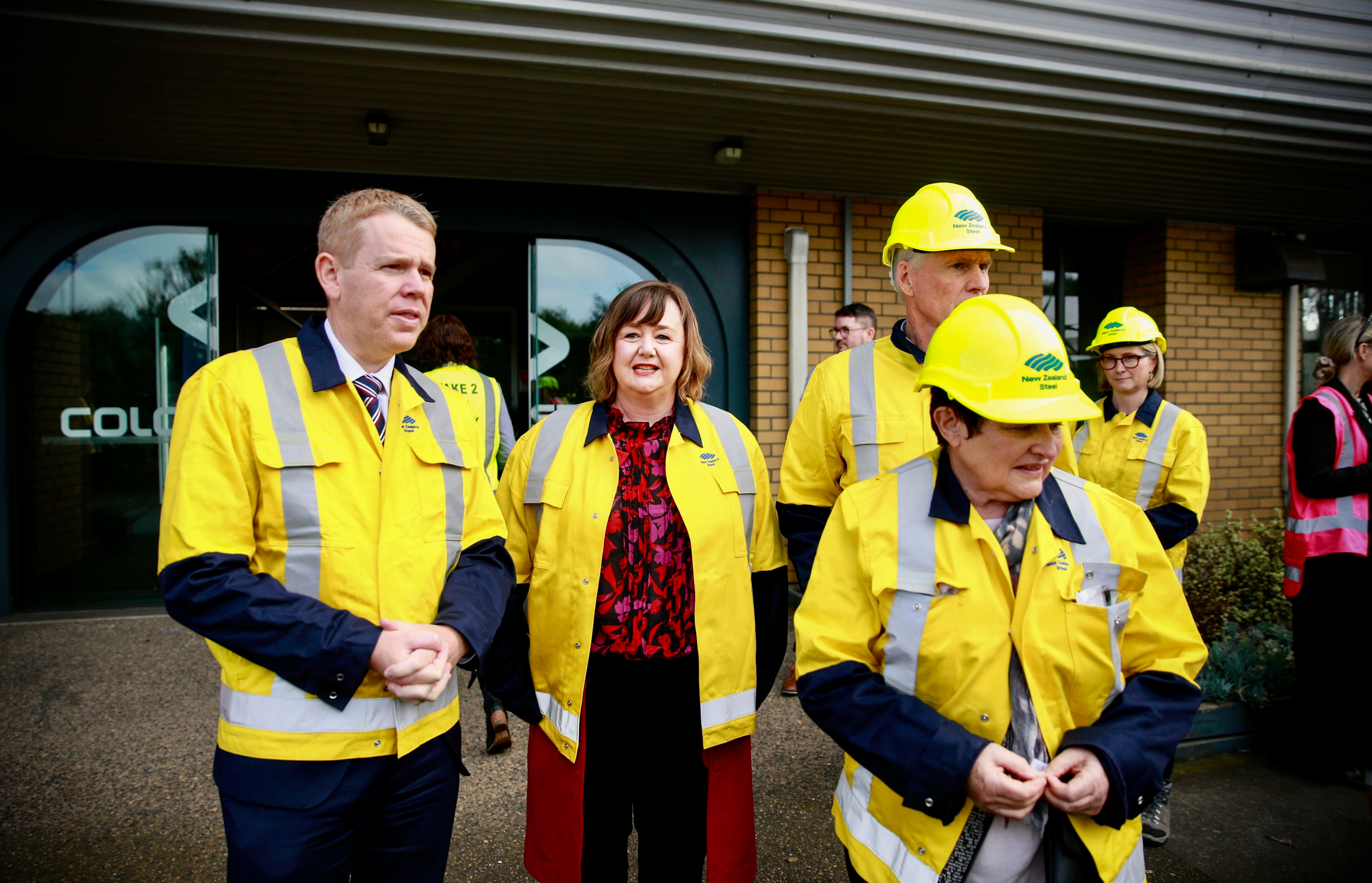 Prime Minister Chris Hipkins, Minister for Energy and Resources Megan Woods and Climate Change Minister James Shaw at the Glenbrook steel mill. Photo / Alex Burton