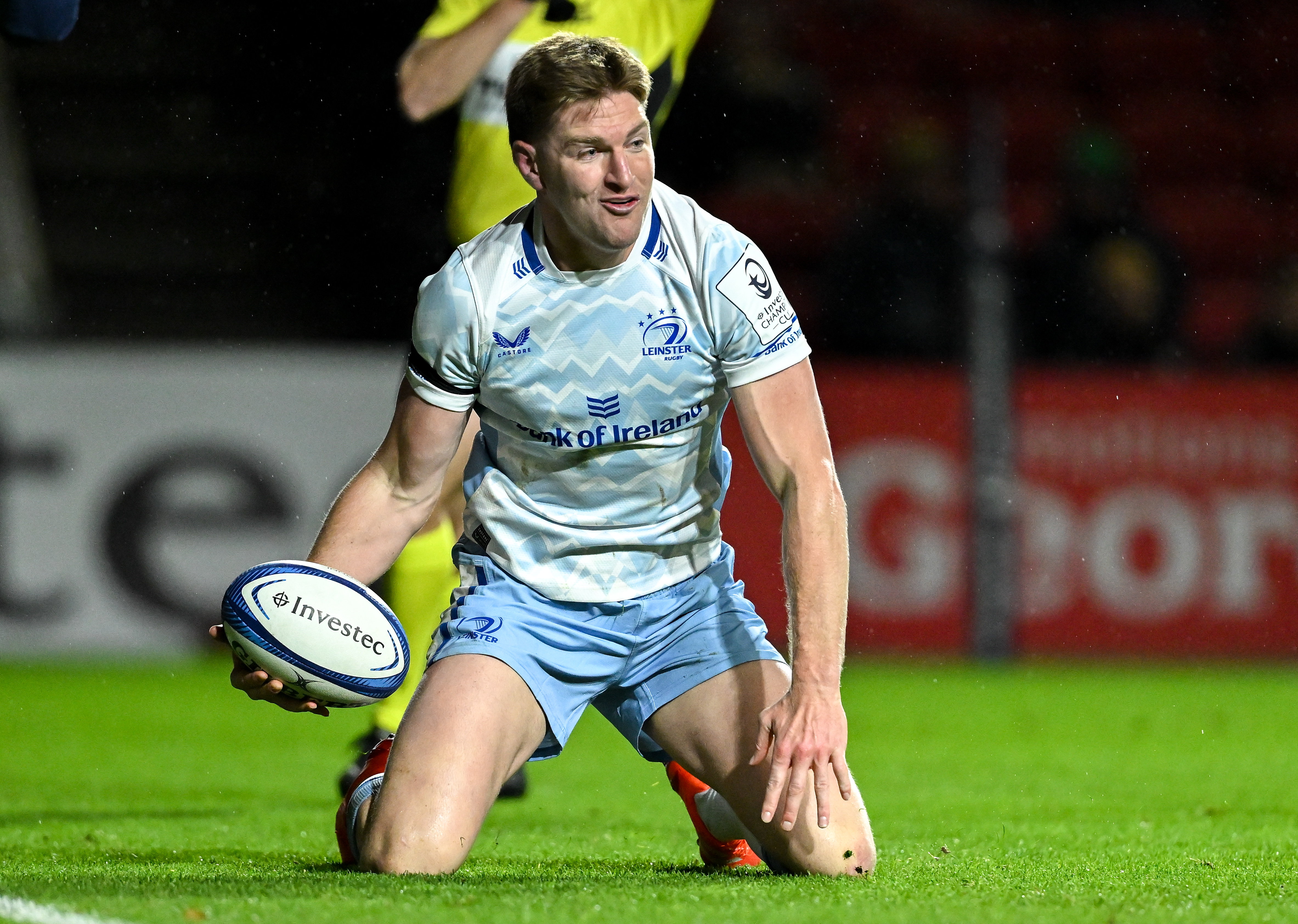 Jordie Barrett of Leinster celebrates after scoring his side's third try during the Champions Cup match against the Bristol Bears. Photo / Getty Images