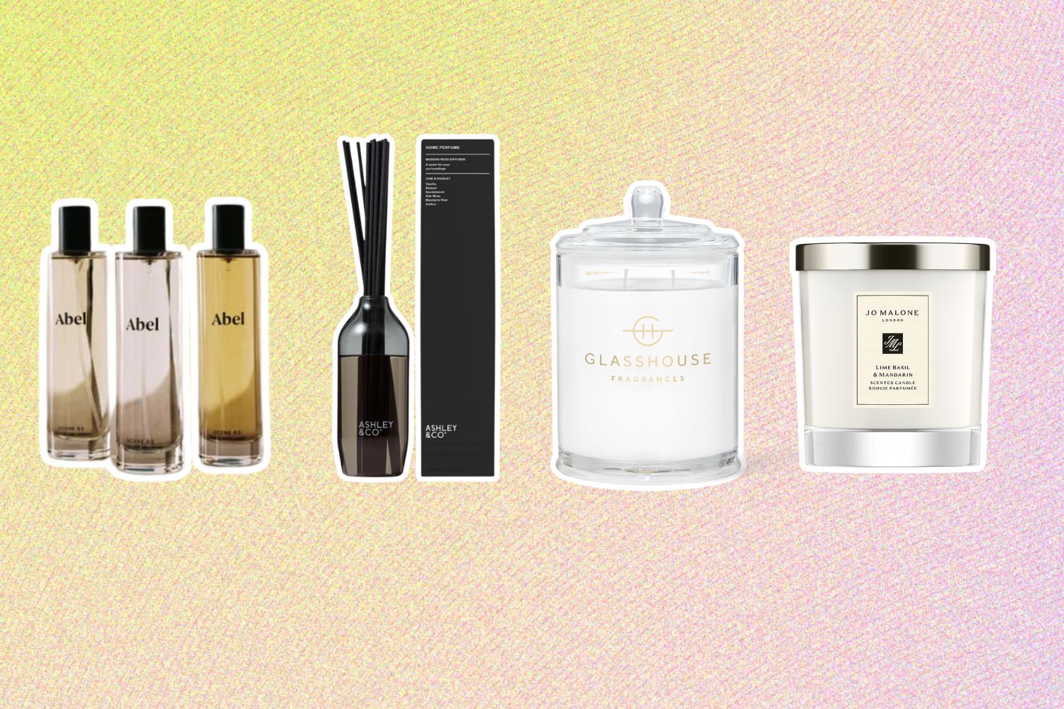 Abel Room Trio; Ashley & Co Tui and Kahili; Jo Malone London Lime, Basil and Mandarin Home Candle; Glasshouse Fragrances Fireside in Queenstown Soy Candle.