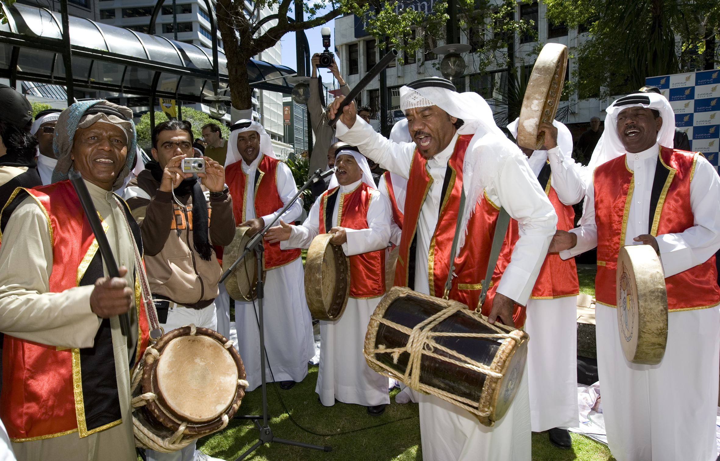 Bahrain football supporters performing at Midland Park, Wellington. Photo / Mark Mitchell