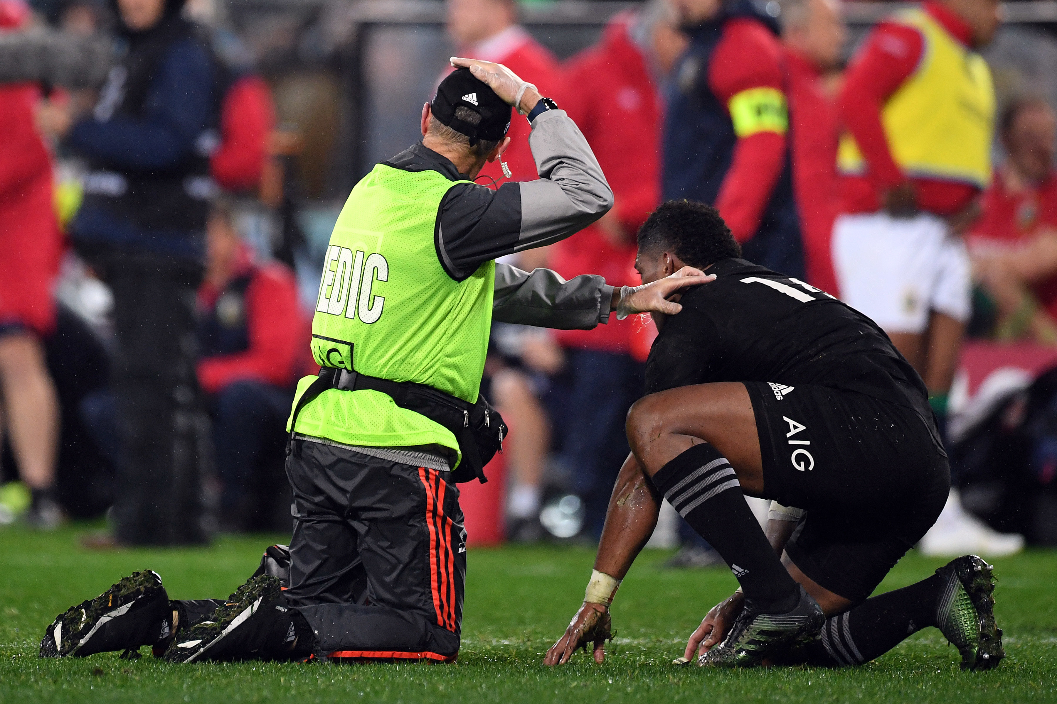 An All Blacks medical staff member asks for a concussion check for Waisake Naholo during the 2017 test series against the British and Irish Lions. Photo / Photosport