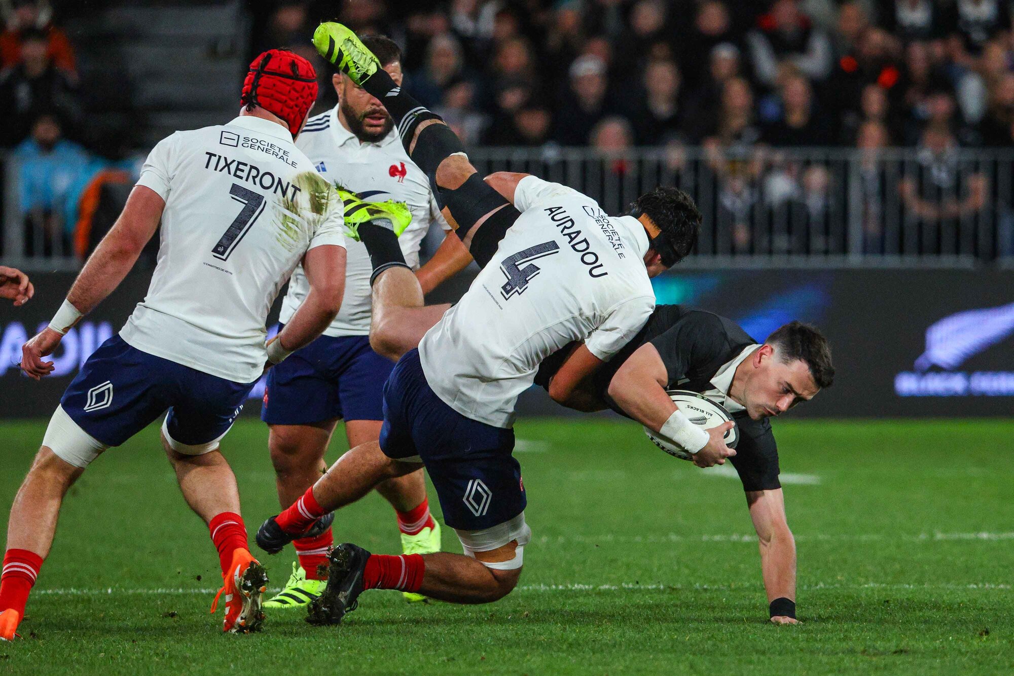 French lock Hugo Auradou brings down Will Jordan. Photo / Photosport