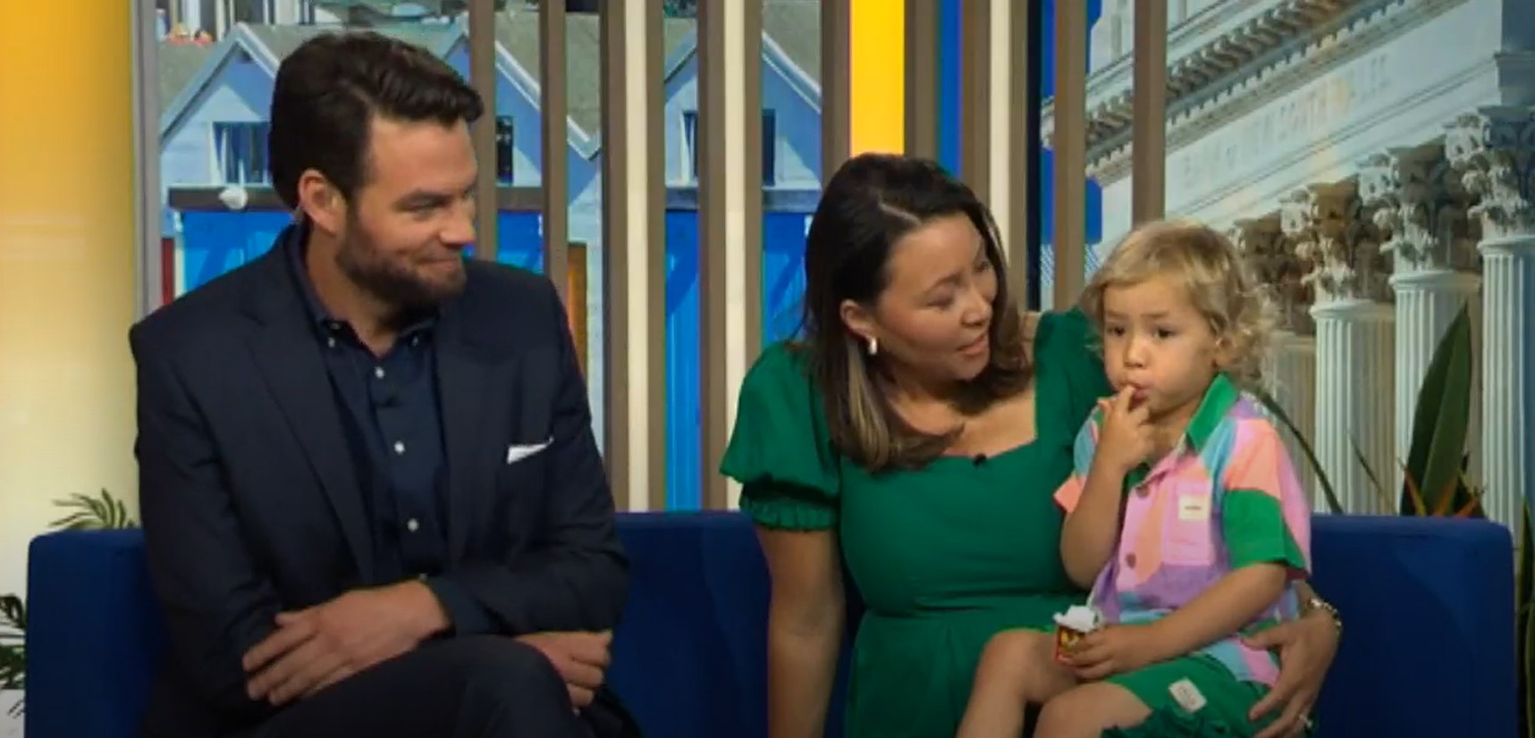 Ryan Bridge and Melissa Chan-Green with her son Busby on the AM show. Photo / Supplied