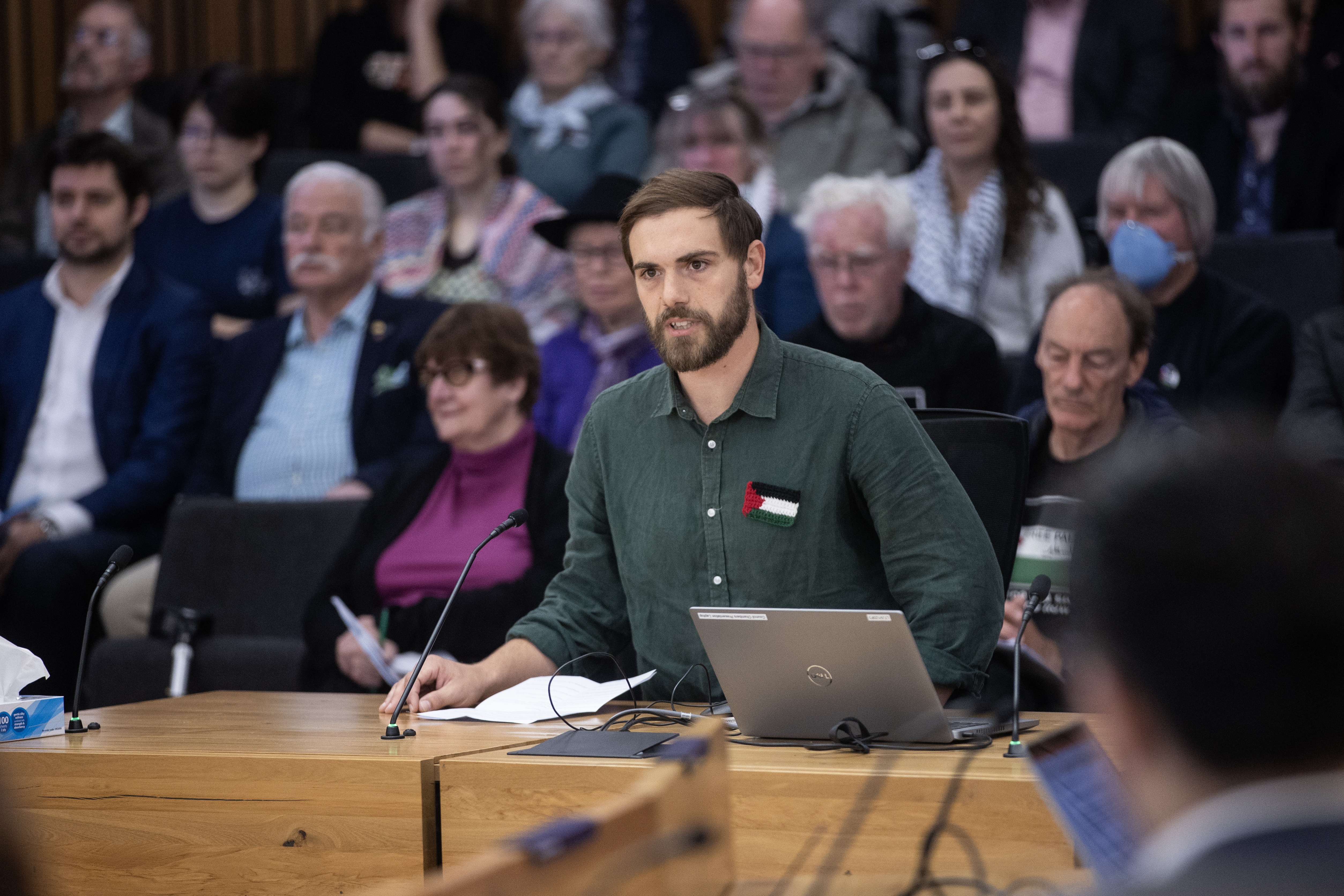 Ex-Shortland Street Actor, Will Alexander presenting his request for Christchurch City Council to demand more action from the Government around the war in Gaza. Photo / George Heard