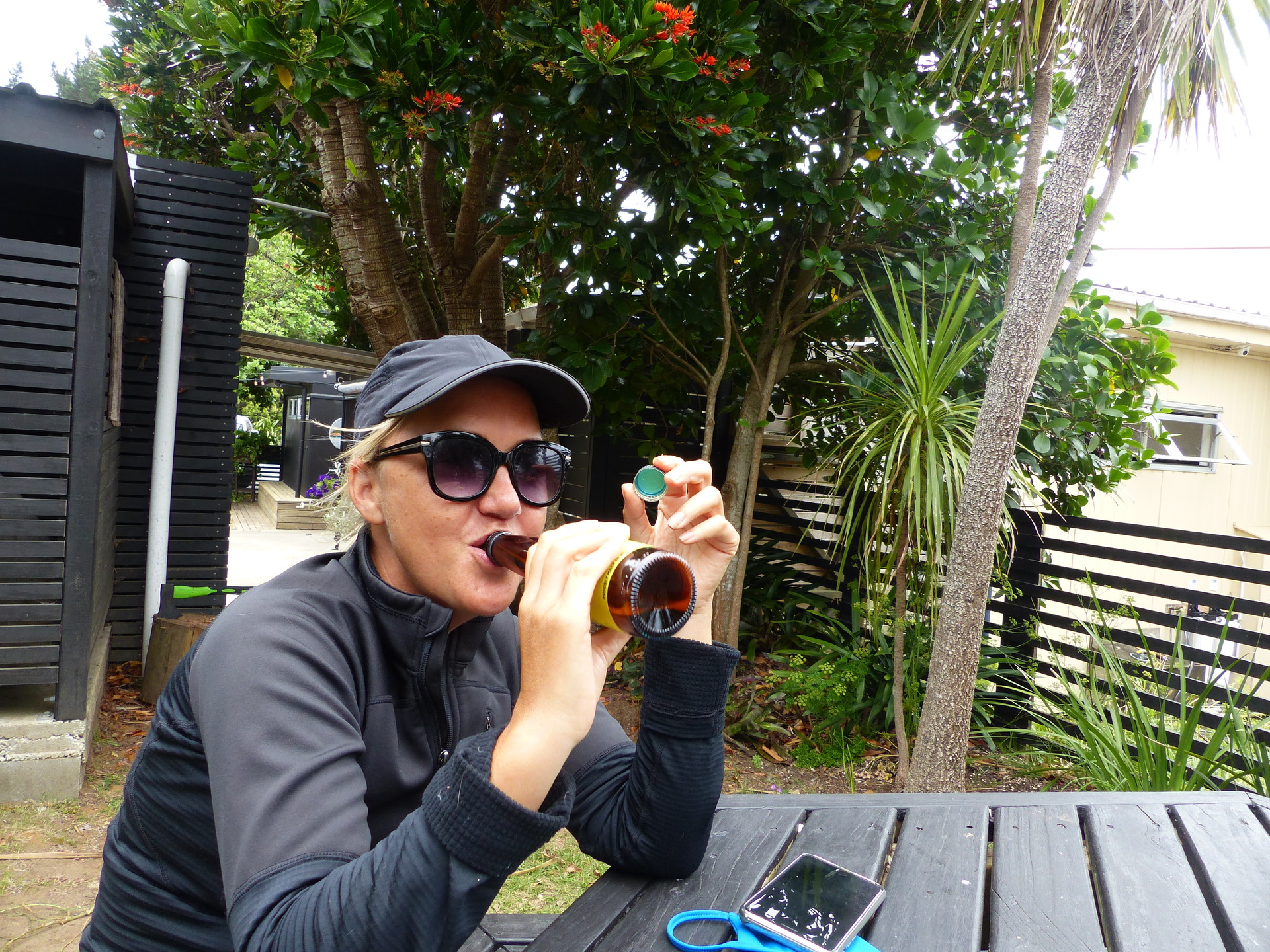 Nikki Kaye drinking kombucha at the cafe called My Fat Puku. Photo / Audrey Young