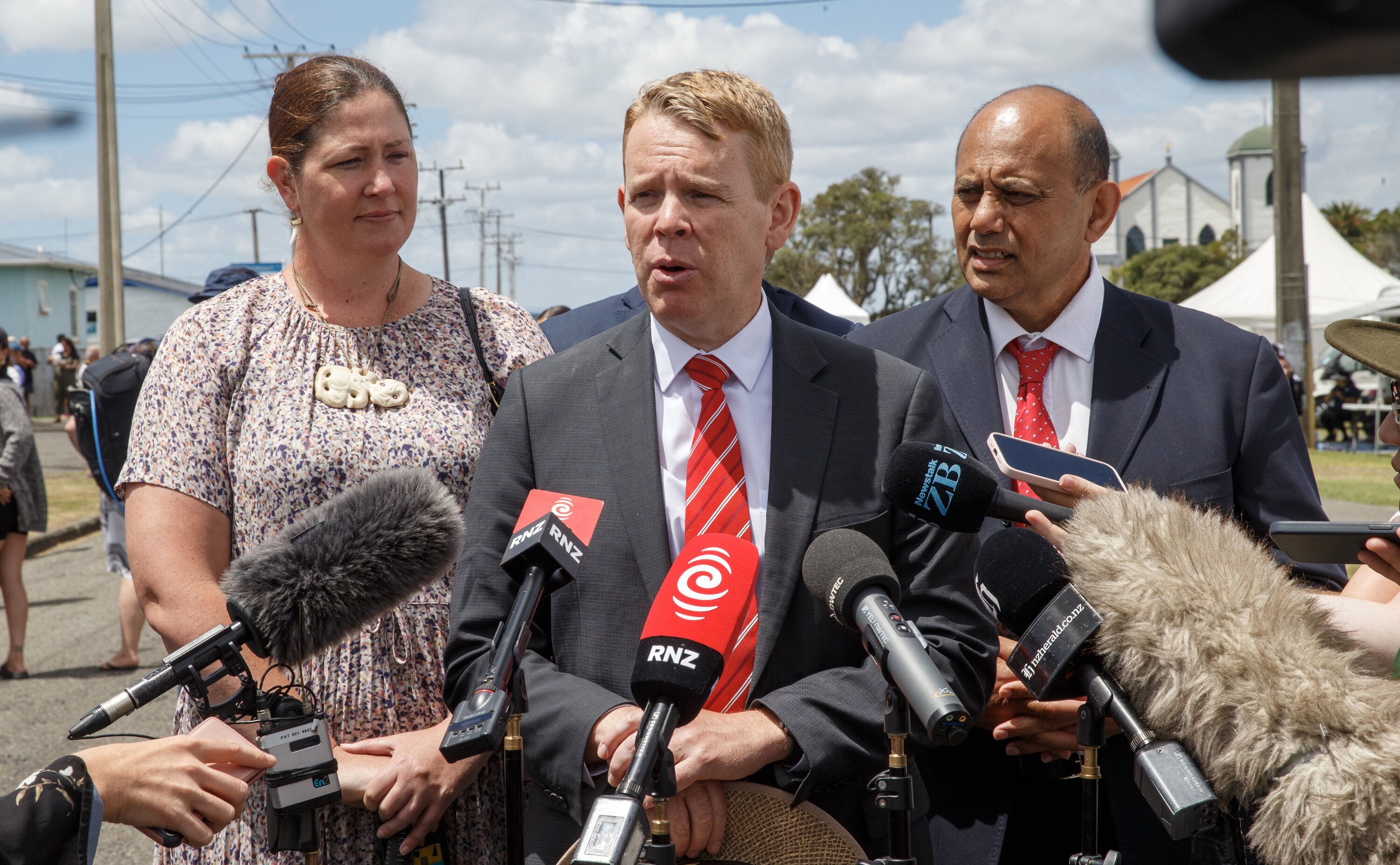Labour leader Chris Hipkins, flanked by MPs Willow-Jean Prime and Willie Jackson, agreed with the description of the Government as the enemy. Photo / Mark Mitchell