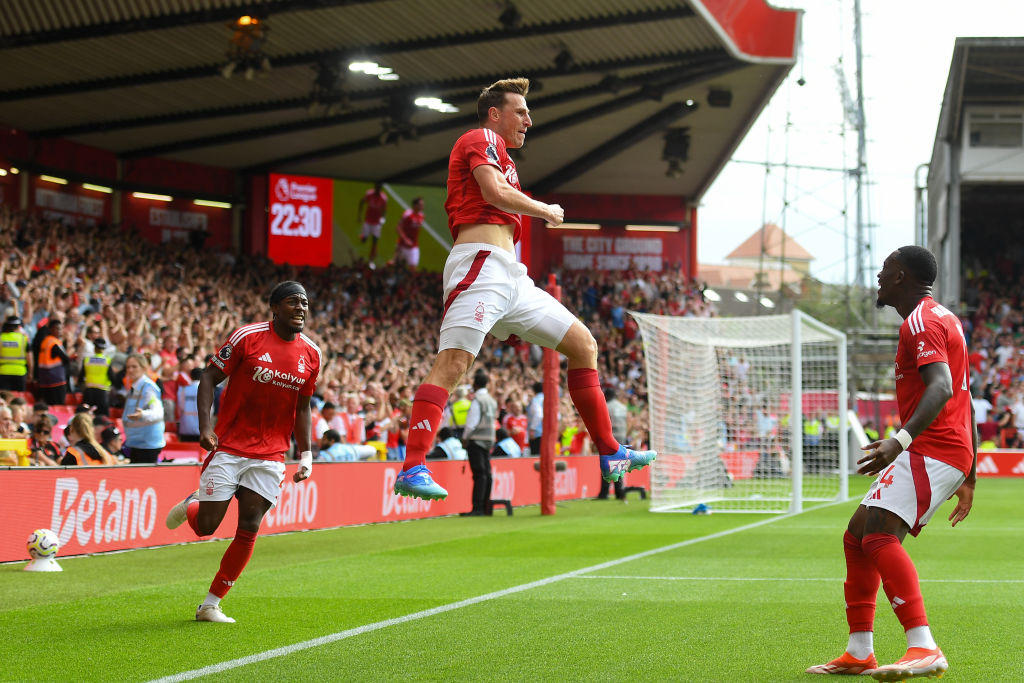 Chris Wood of Nottingham Forest celebrates a goal on the opening day of this season. Photo / Getty Images