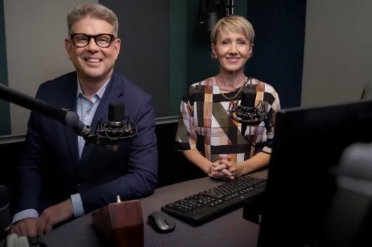 New Morning Report co-host John Campbell with co-host Ingrid Hipkiss. Photo / RNZ