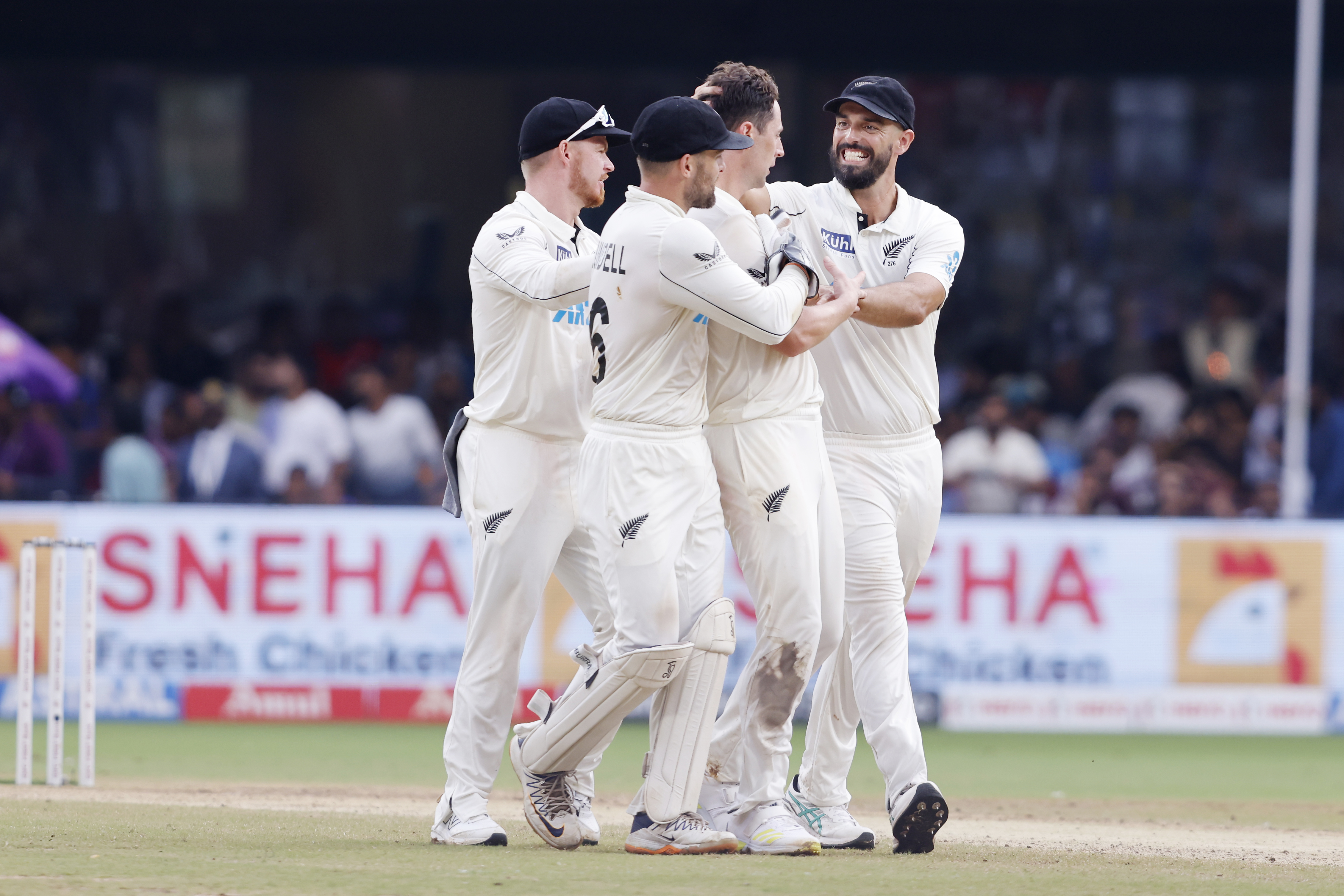 New Zealand celebrates the wicket of Mohd Siraj on day four. Photo / Photosport
