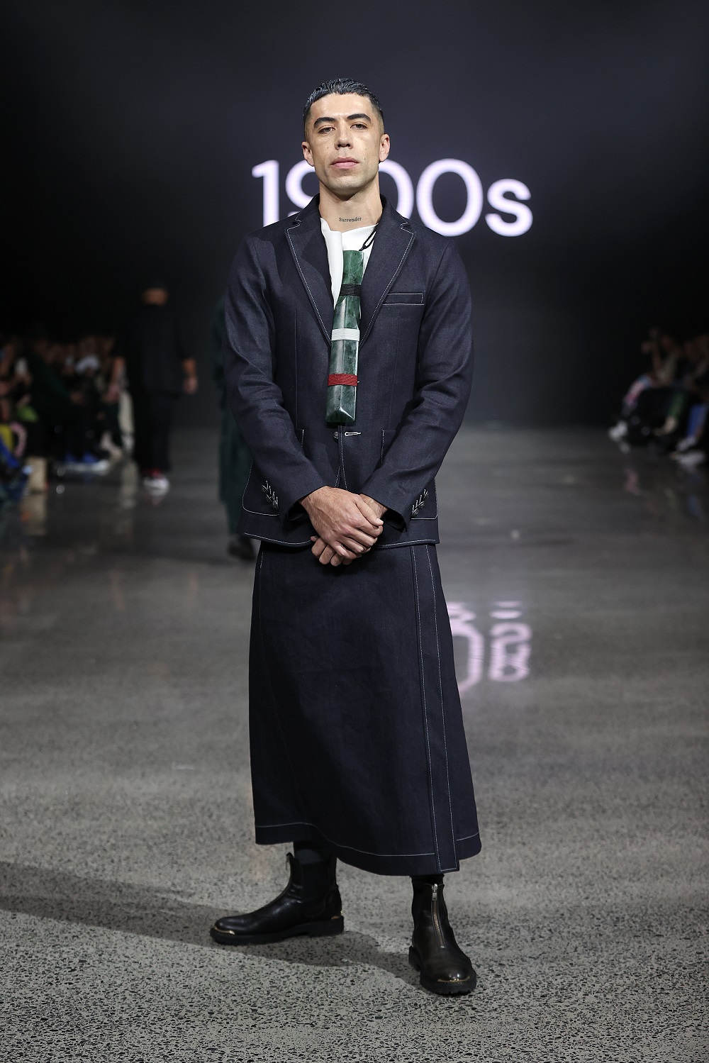 Teeks walks the runway during the Kiri Nathan show at New Zealand Fashion Week: Kahuria. Photo / Getty Images