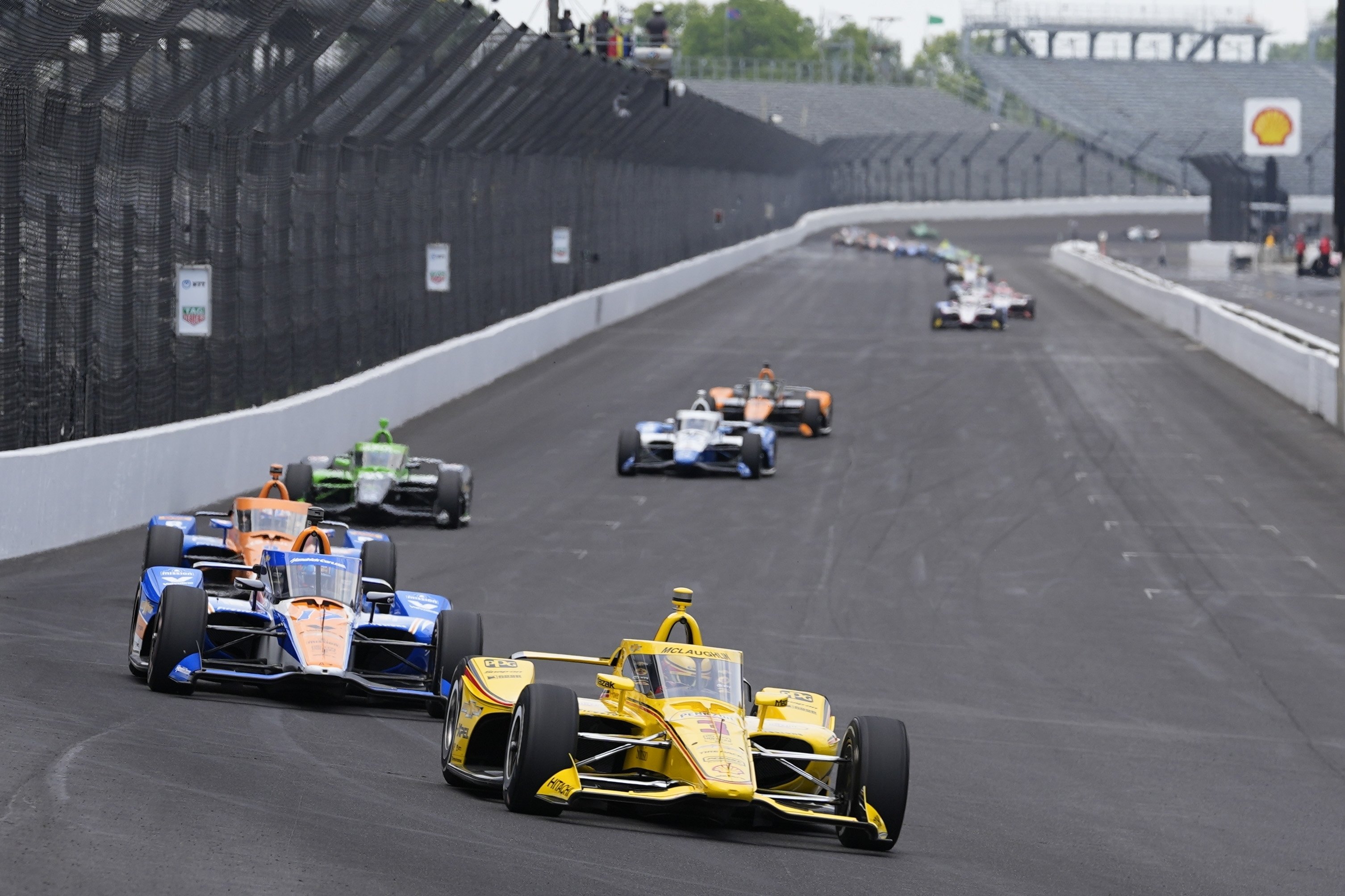 Scott McLaughlin leads the pack during a practice session for the Indianapolis 500. Photo / AP Photo