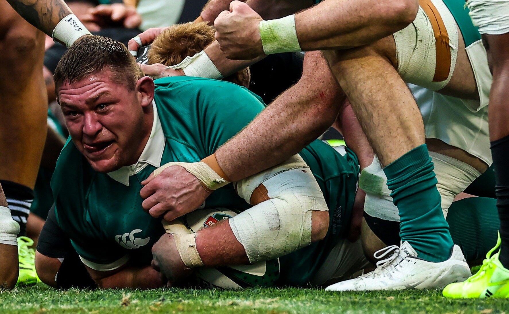 Ireland’s Tadhg Furlong gets across the line to score against the All Blacks at Solider Field, in Chicago. Photo / Photosport