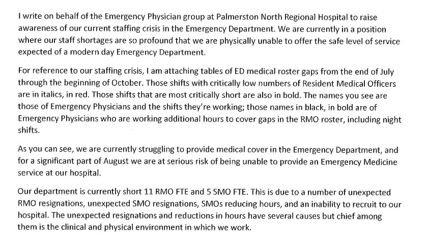 An excerpt from a letter sent by Dr David Prisk, the head of Palmerston North Hospital's emergency department, to senior executives at Te Whatu Ora - Health New Zealand on August 1.