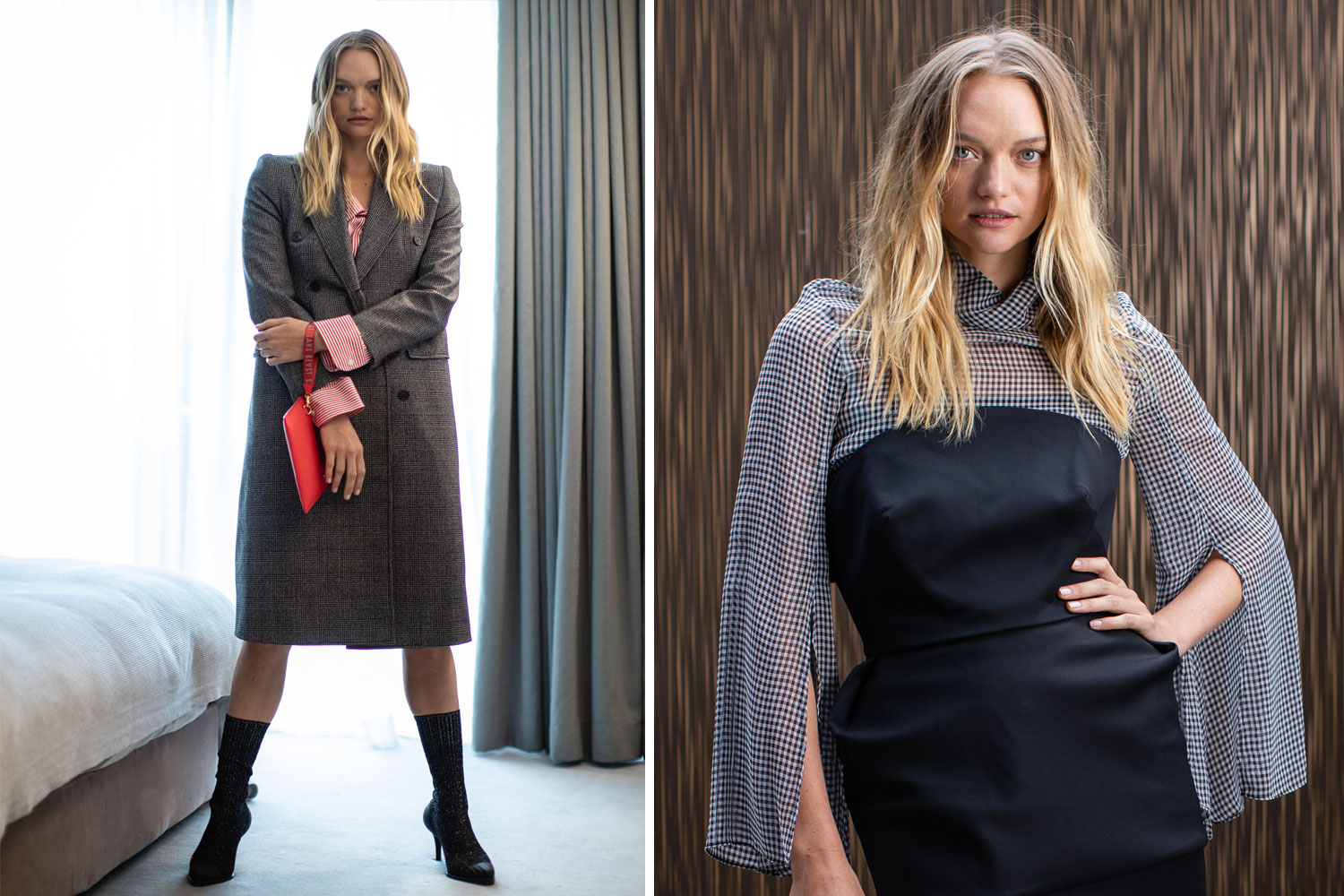 (From left) Gemma wears Balenciaga shirt and coat, Chloe boots and Beast clutch; Gemma wears Camilla & Marc top, dress, skirt and boots. Photos / Mark Nolan